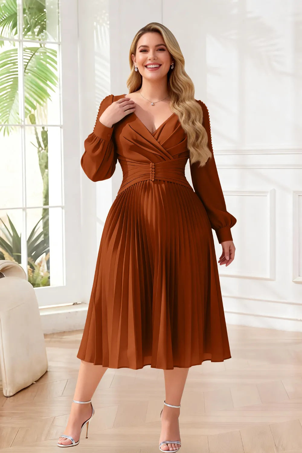 Elegant Pearl-Trim Pleated Midi Dress