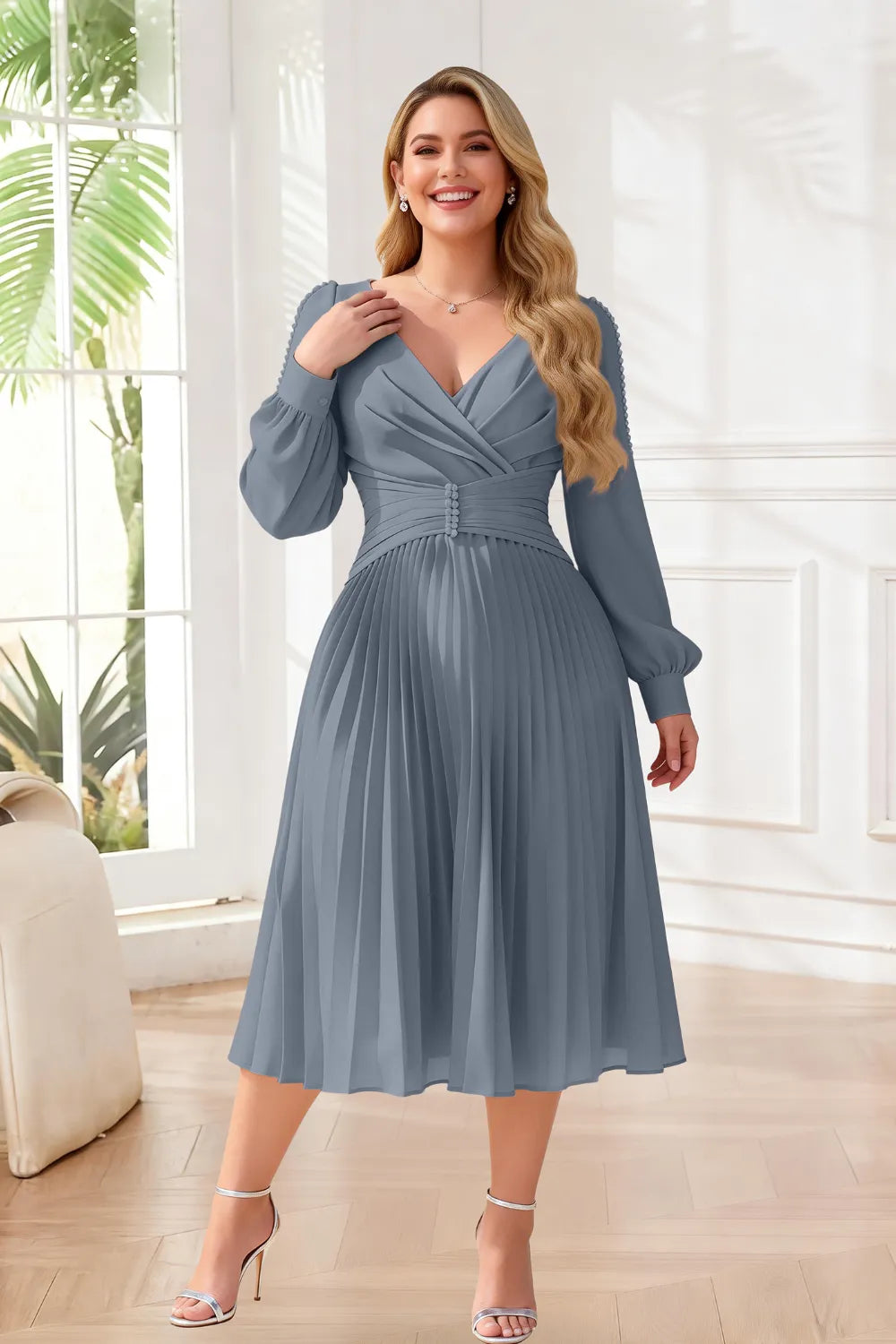 Elegant Pearl-Trim Pleated Midi Dress