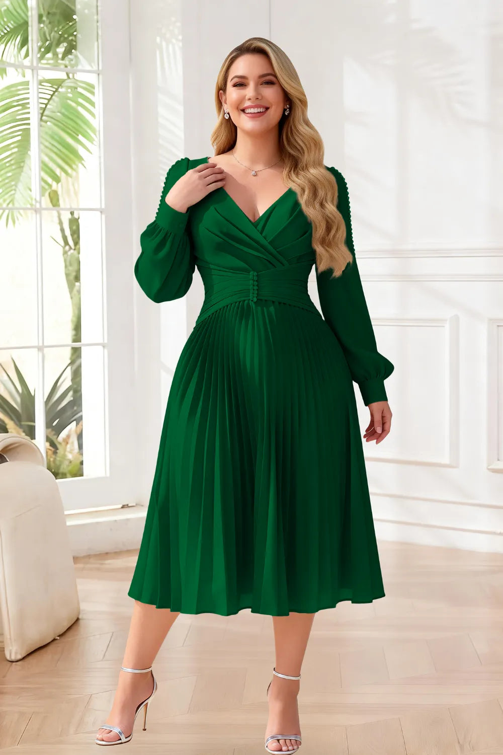 Elegant Pearl-Trim Pleated Midi Dress