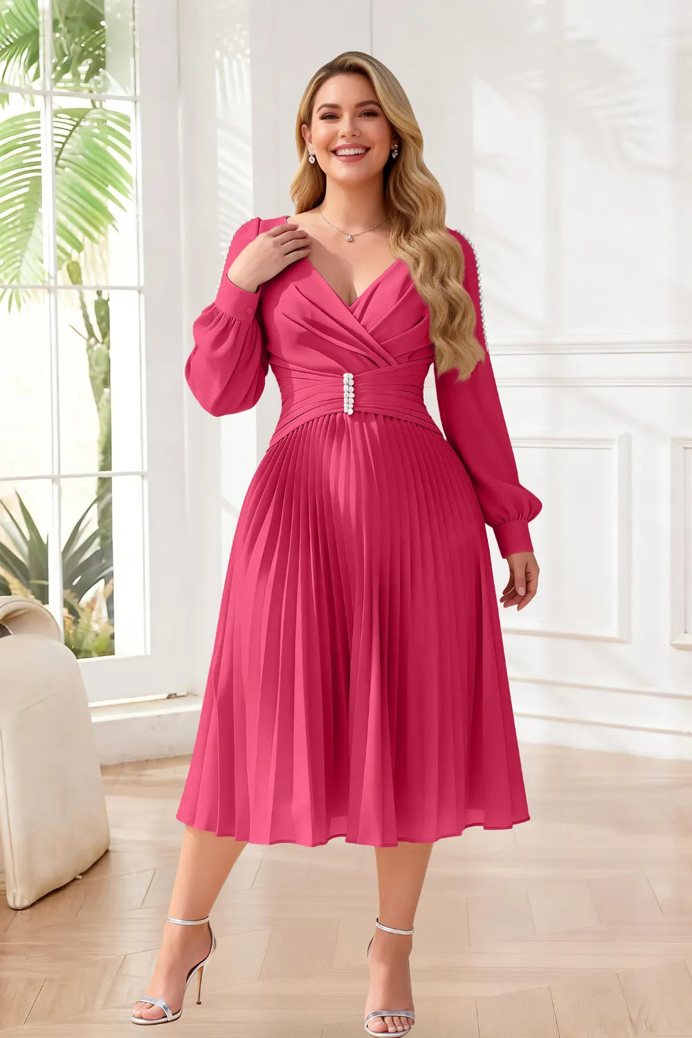 Elegant Pearl-Trim Pleated Midi Dress