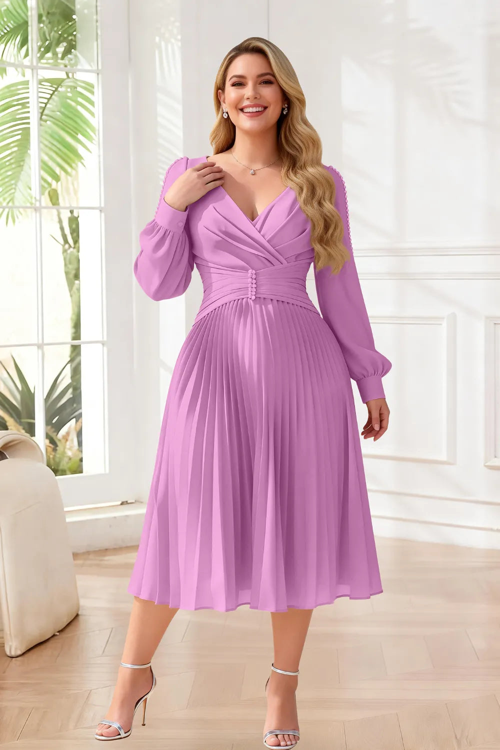 Elegant Pearl-Trim Pleated Midi Dress