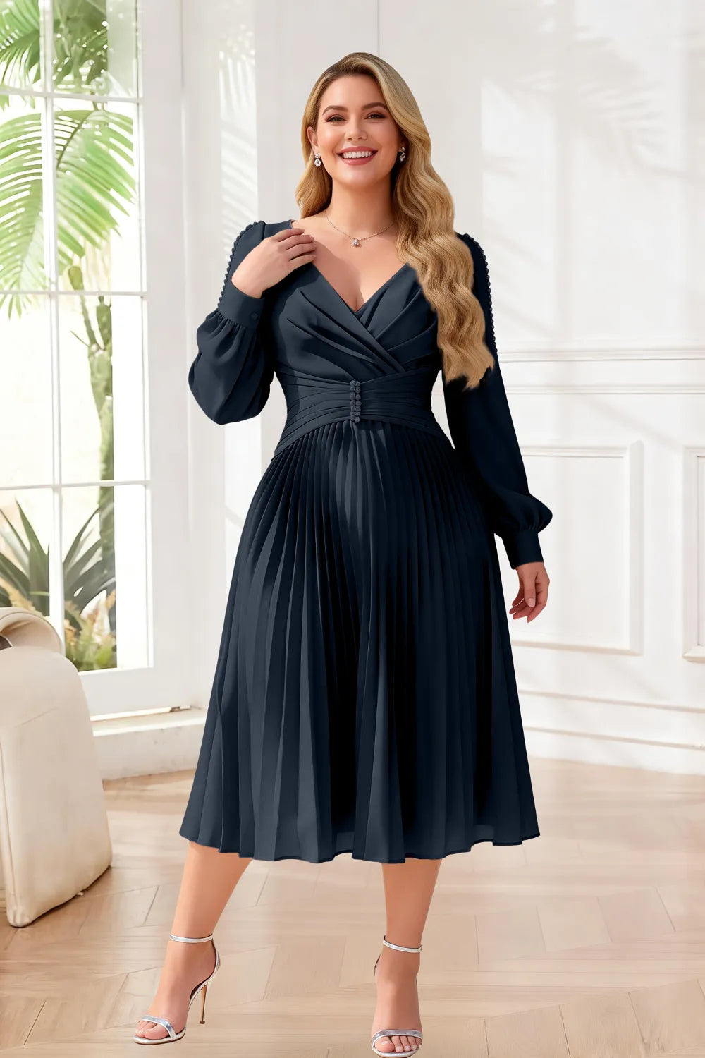 Elegant Pearl-Trim Pleated Midi Dress