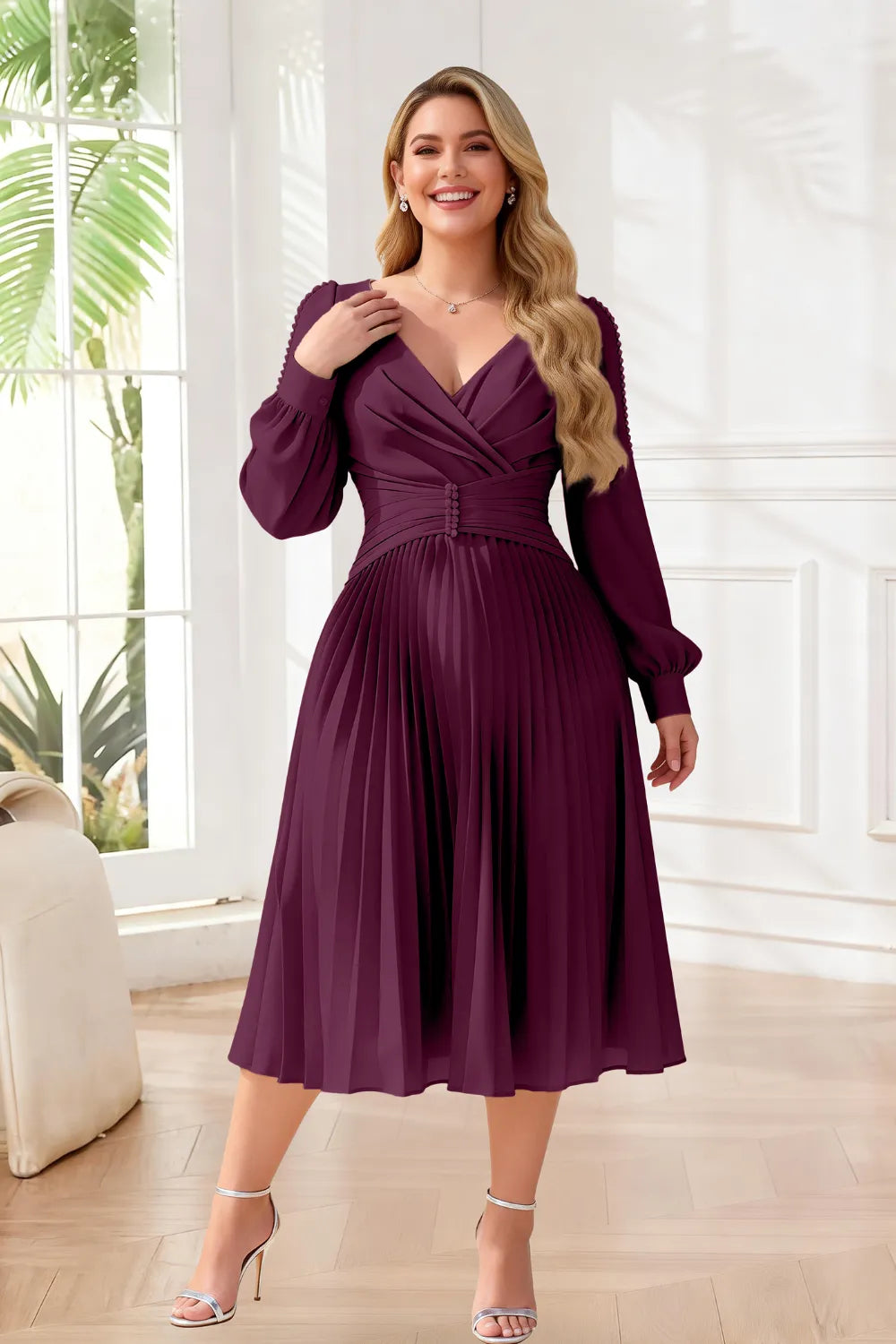 Elegant Pearl-Trim Pleated Midi Dress