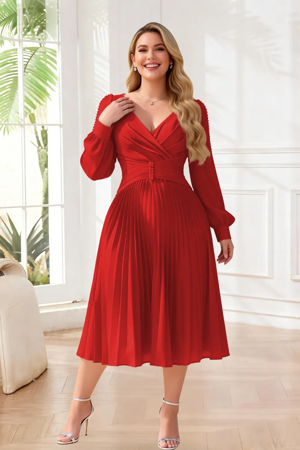 Elegant Pearl-Trim Pleated Midi Dress