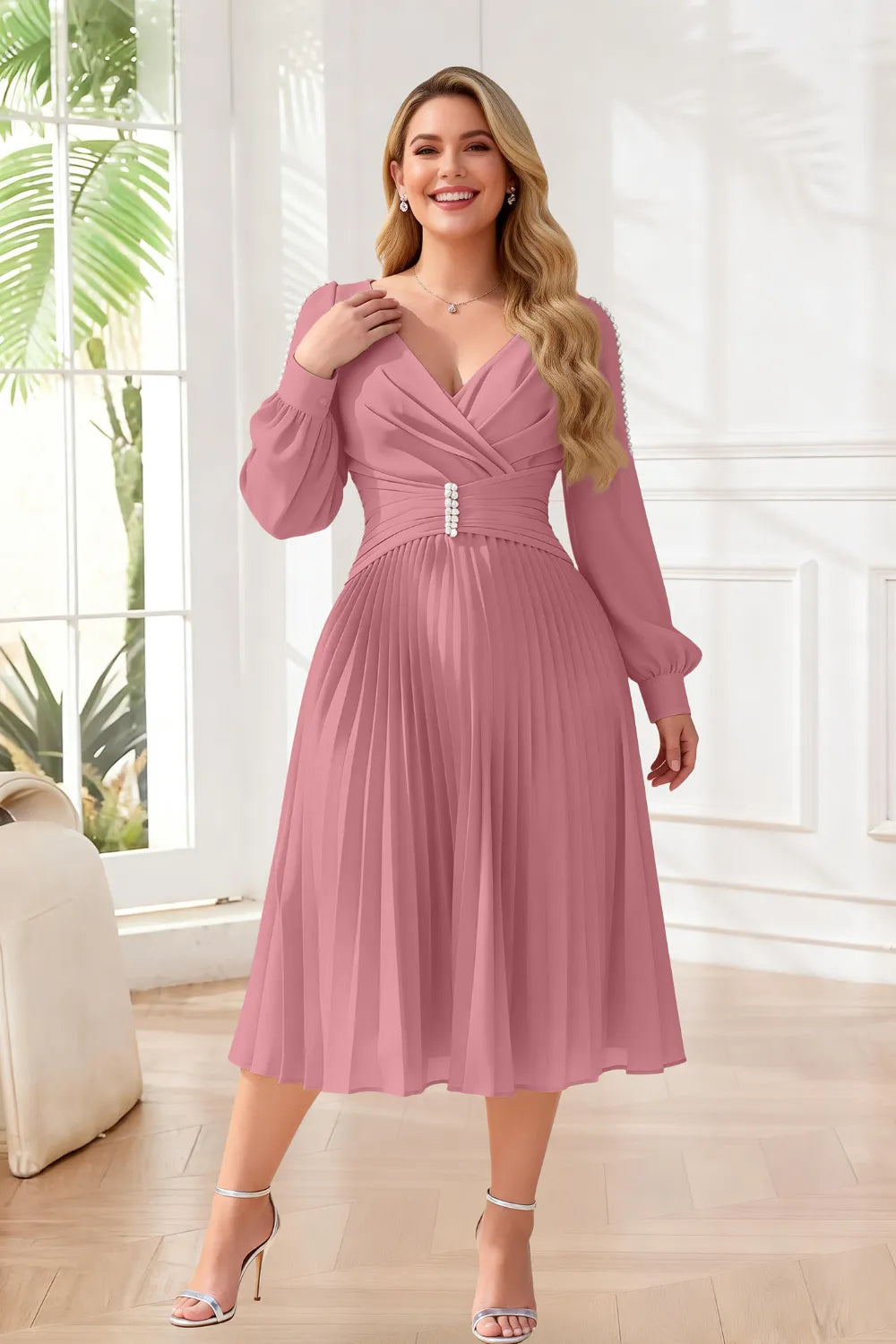 Elegant Pearl-Trim Pleated Midi Dress