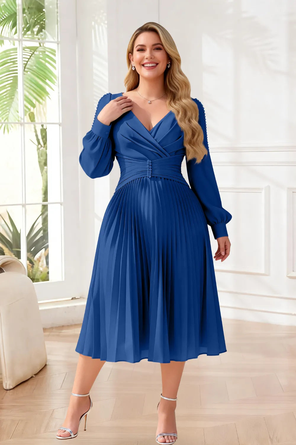 Elegant Pearl-Trim Pleated Midi Dress