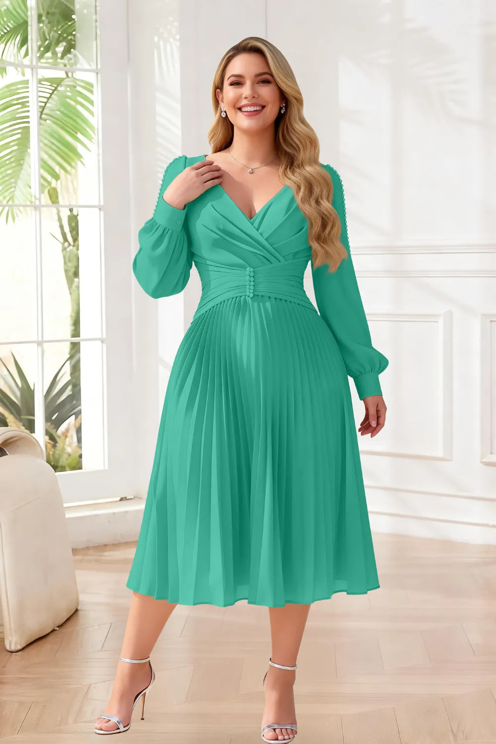 Elegant Pearl-Trim Pleated Midi Dress