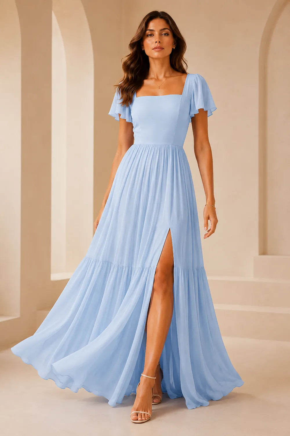 Elowen Flutter Sleeve Chiffon Maxi Dress