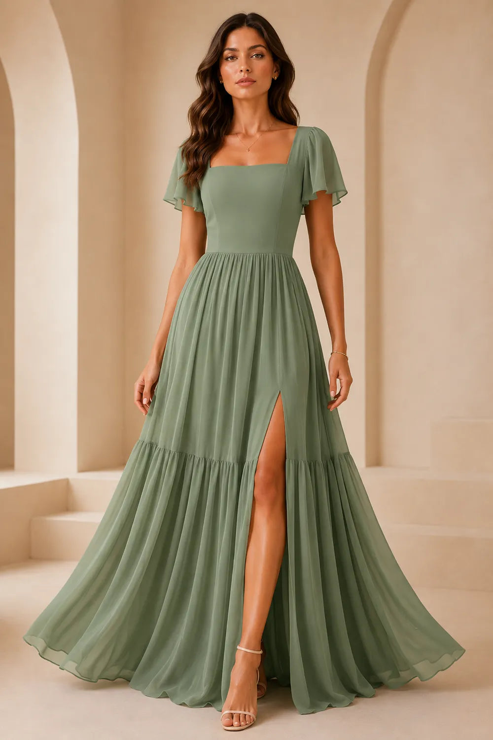 Elowen Flutter Sleeve Chiffon Maxi Dress