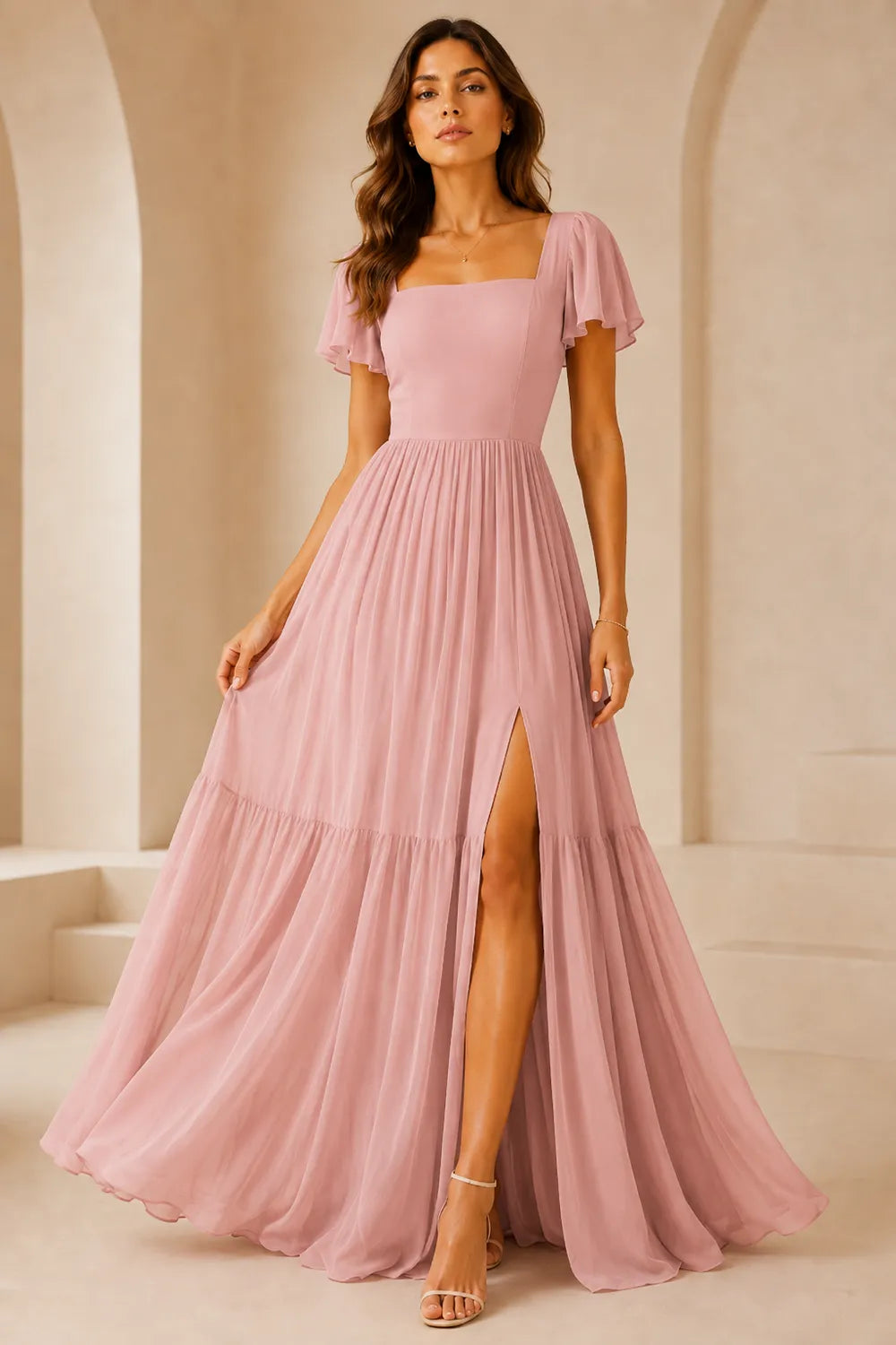 Elowen Flutter Sleeve Chiffon Maxi Dress