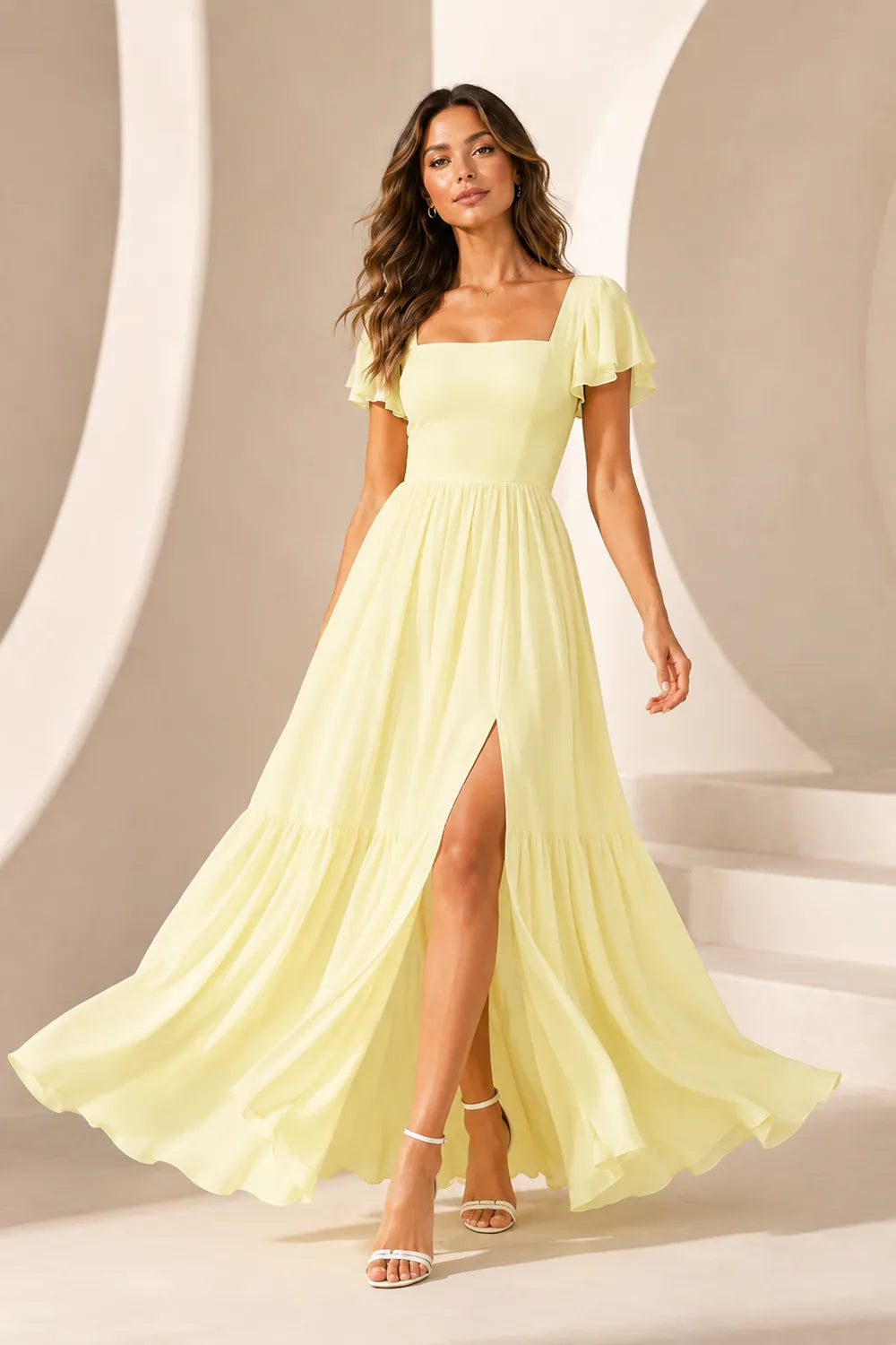 Elowen Flutter Sleeve Chiffon Maxi Dress