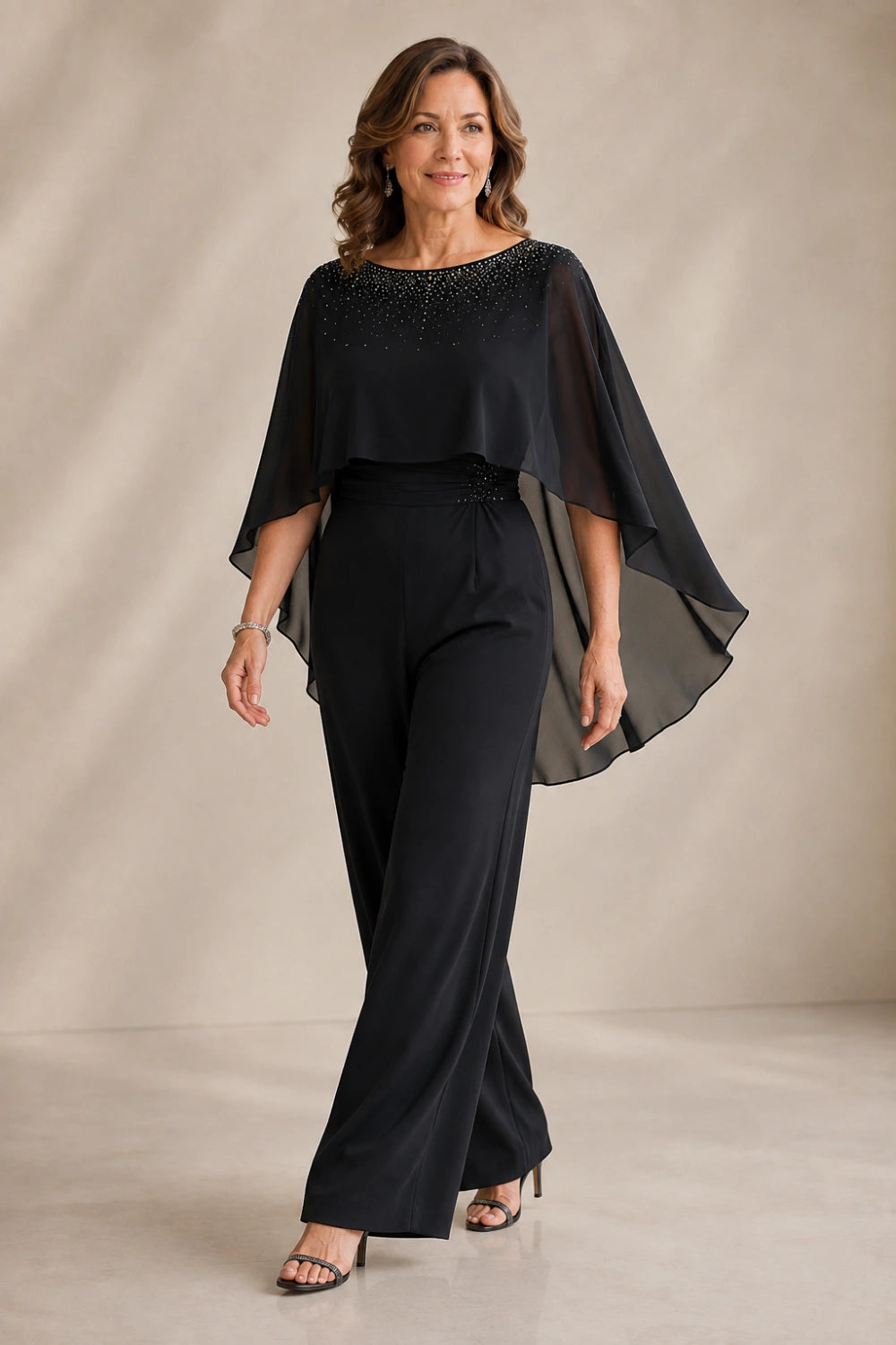 Embellished Cape Overlay Wide-Leg Pant Suit