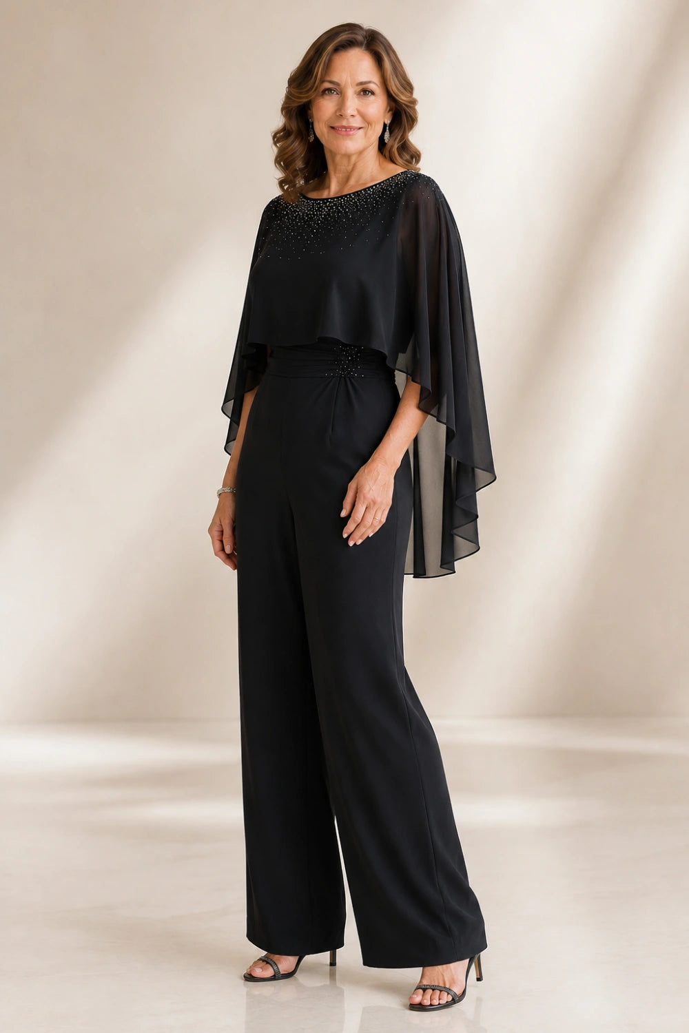 Embellished Cape Overlay Wide-Leg Pant Suit