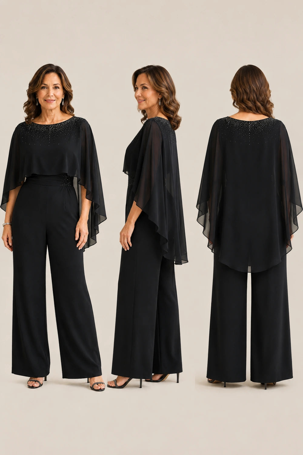 Embellished Cape Overlay Wide-Leg Pant Suit
