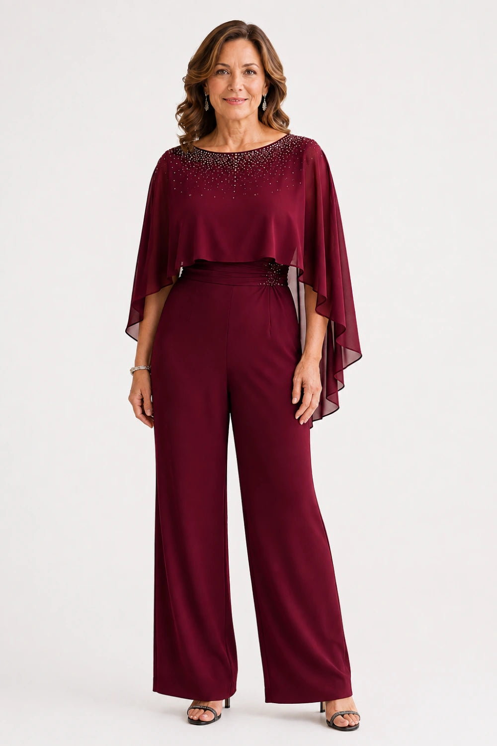 Embellished Cape Overlay Wide-Leg Pant Suit