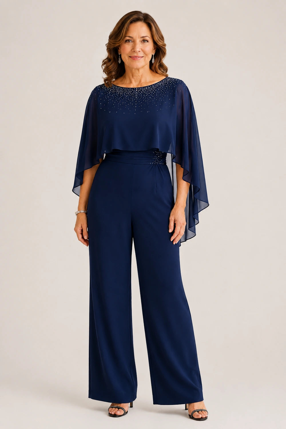 Embellished Cape Overlay Wide-Leg Pant Suit