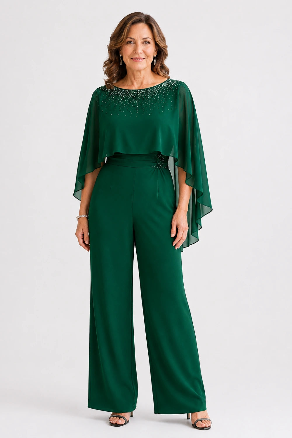 Embellished Cape Overlay Wide-Leg Pant Suit