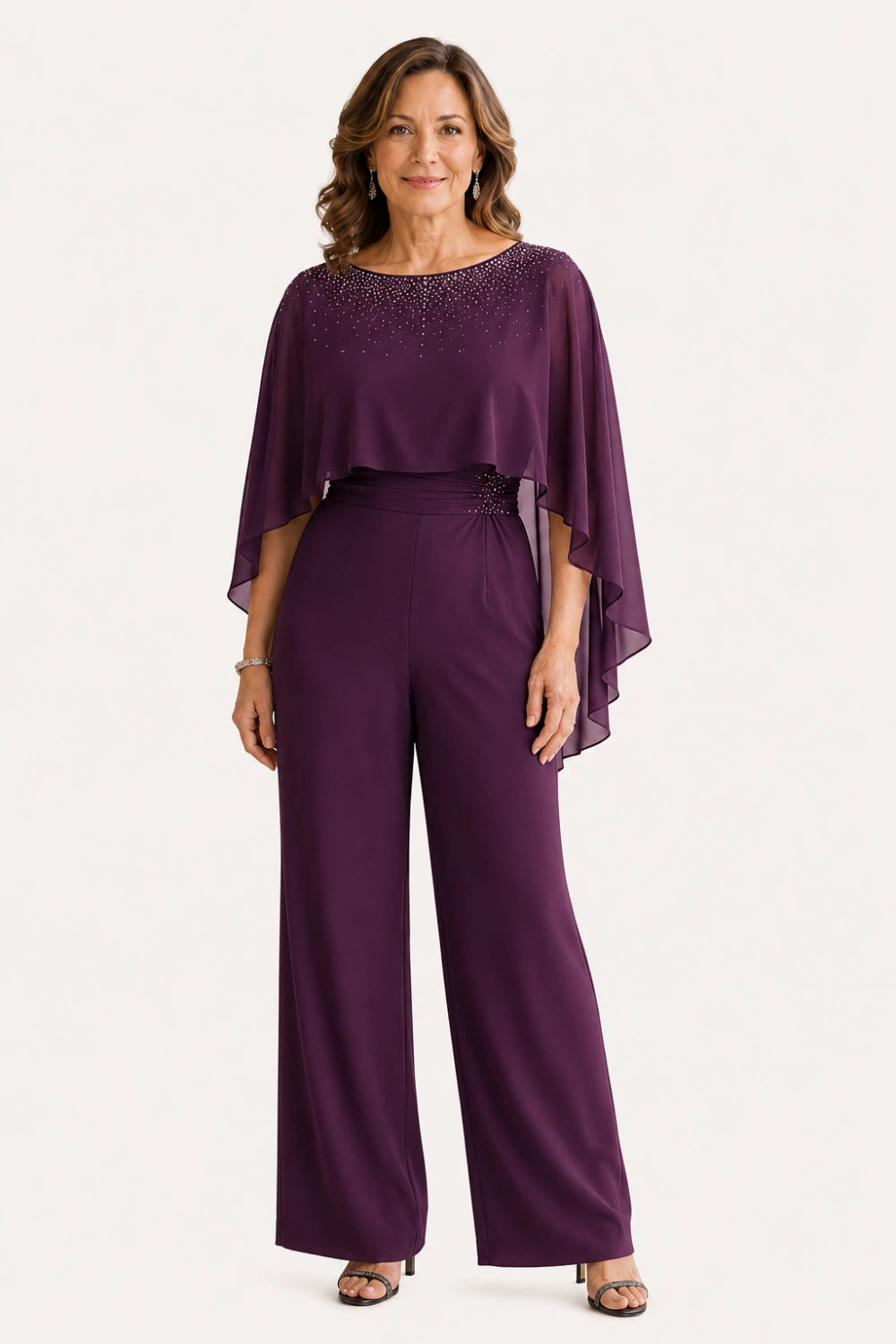 Embellished Cape Overlay Wide-Leg Pant Suit