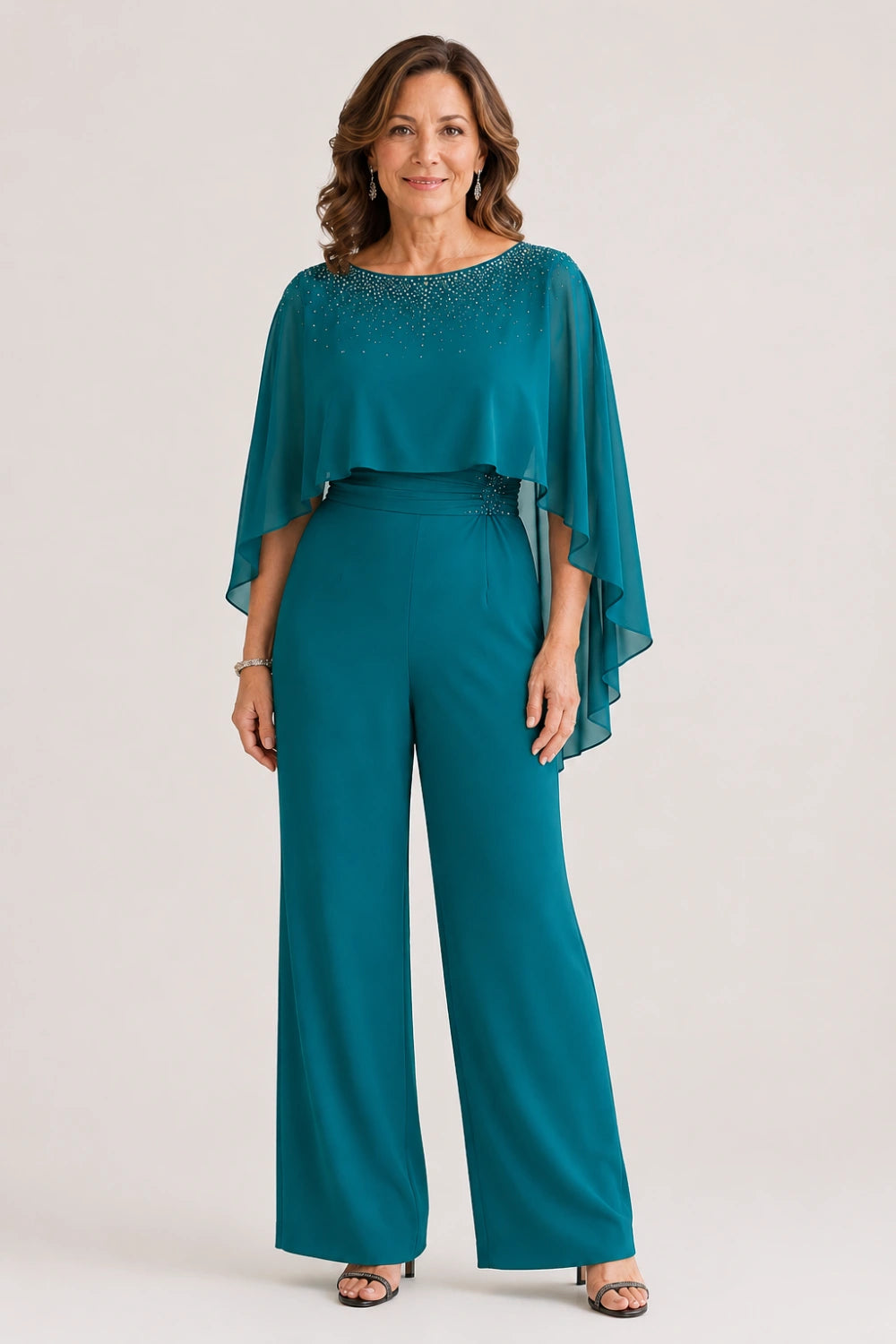 Embellished Cape Overlay Wide-Leg Pant Suit