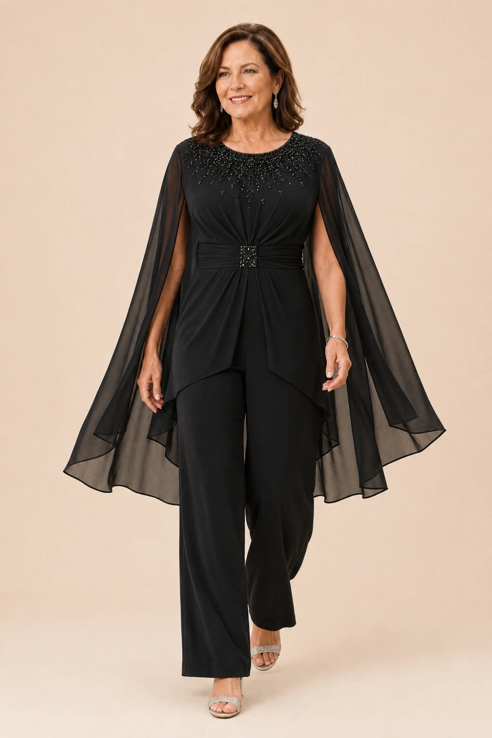Embellished Cape-Sleeve Wide-Leg Pant Suit
