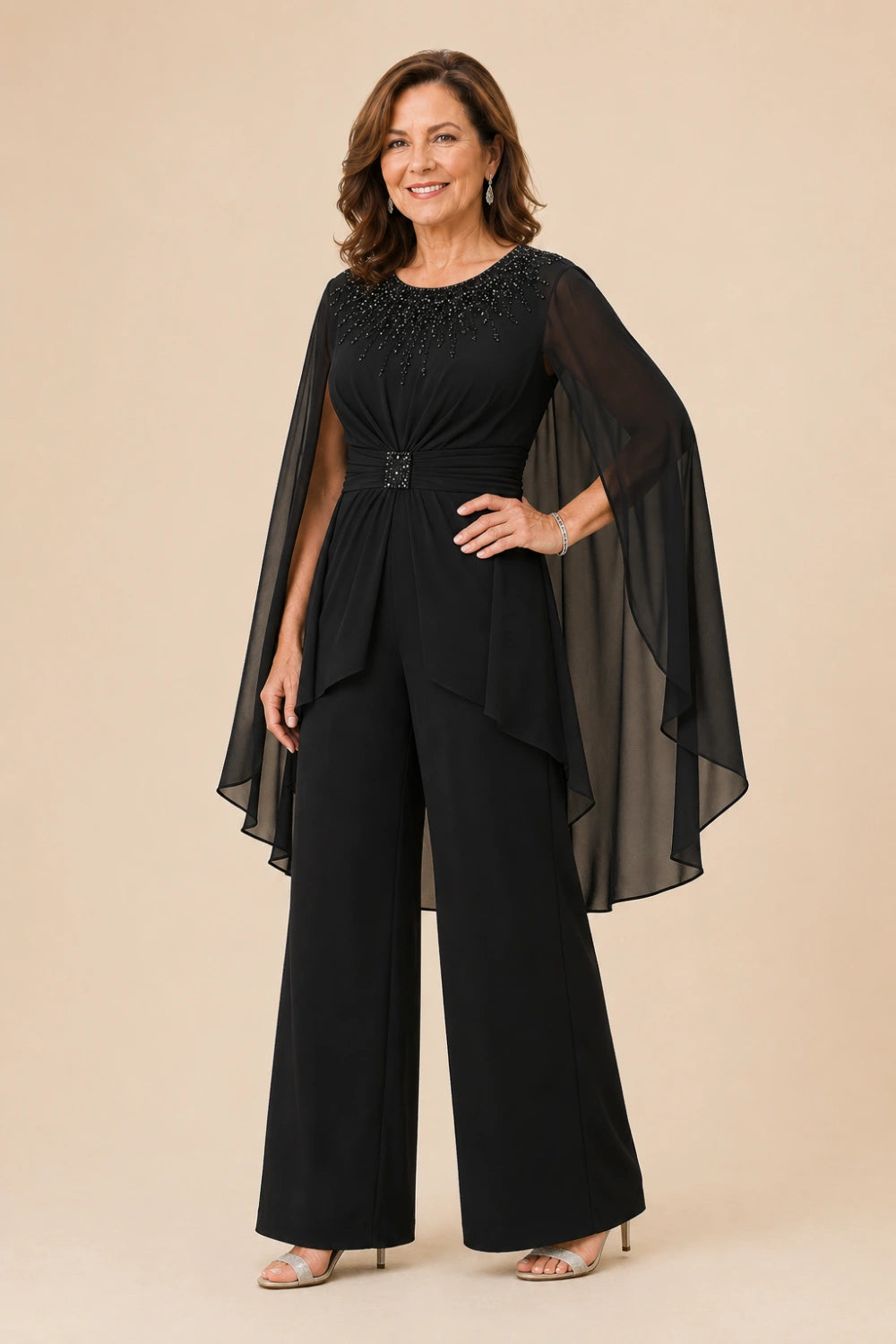Embellished Cape-Sleeve Wide-Leg Pant Suit