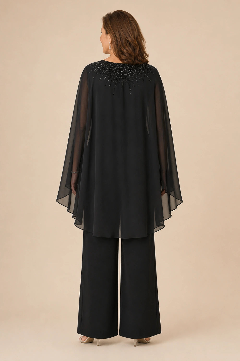 Embellished Cape-Sleeve Wide-Leg Pant Suit