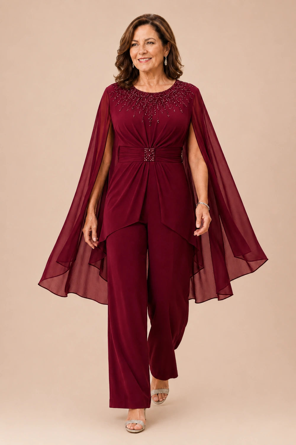 Embellished Cape-Sleeve Wide-Leg Pant Suit