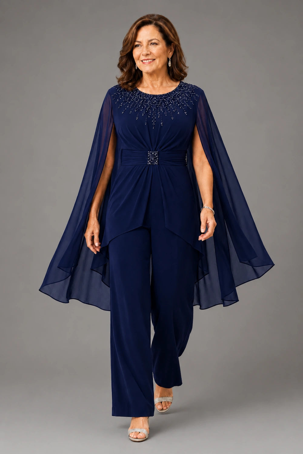 Embellished Cape-Sleeve Wide-Leg Pant Suit