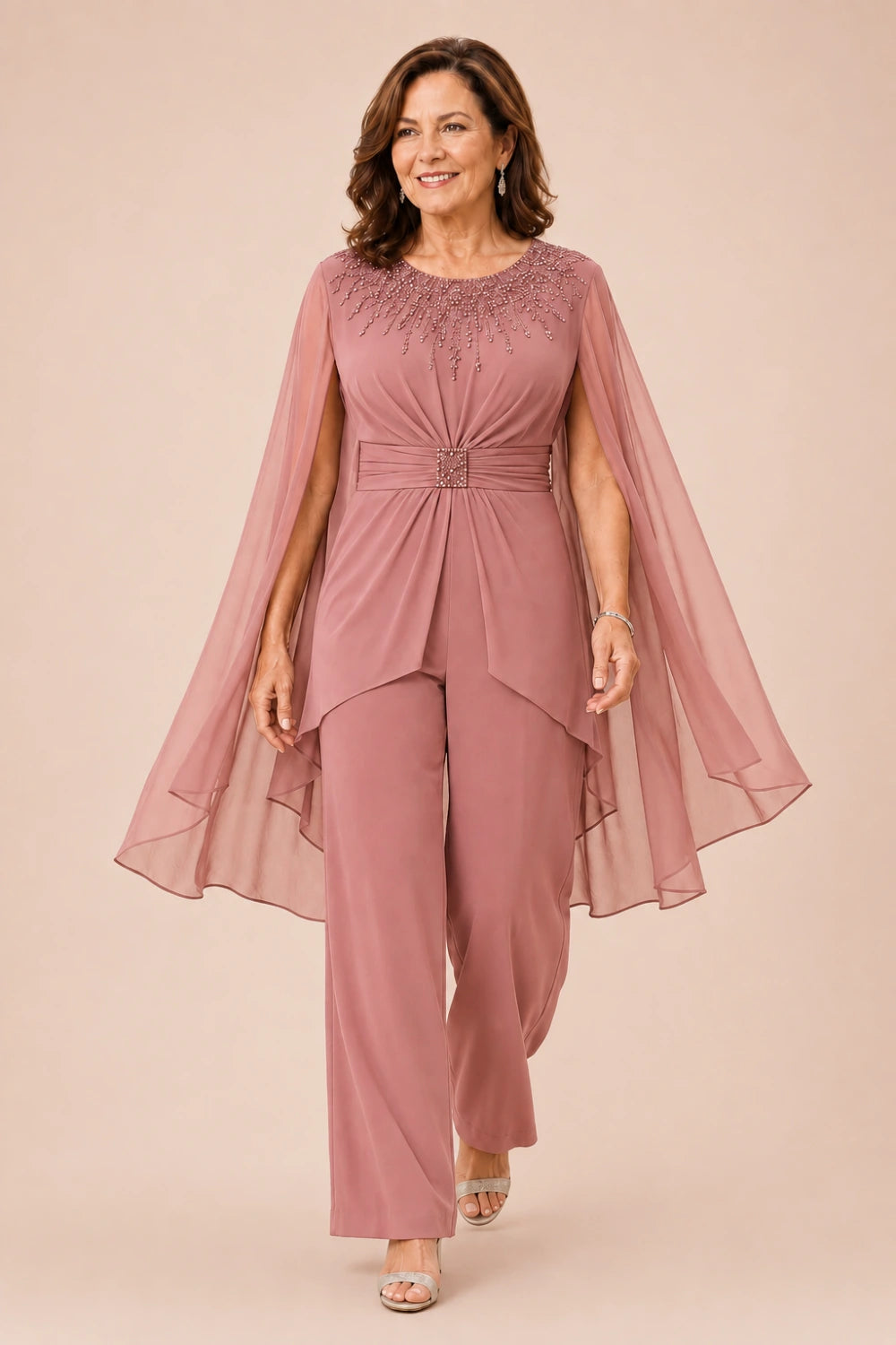 Embellished Cape-Sleeve Wide-Leg Pant Suit