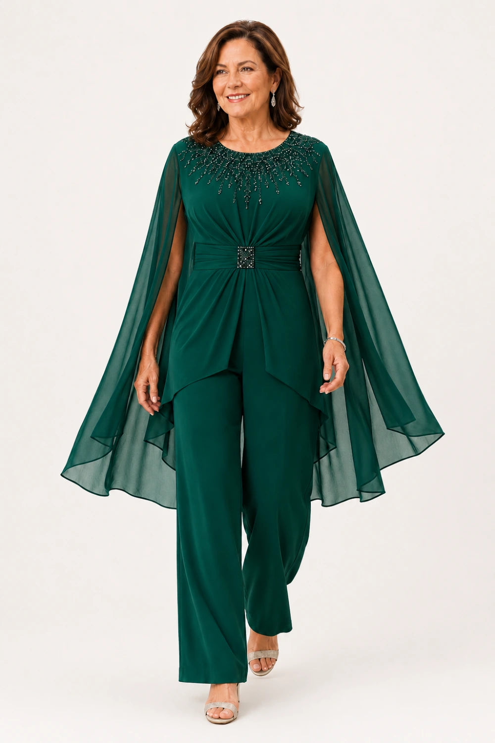 Embellished Cape-Sleeve Wide-Leg Pant Suit