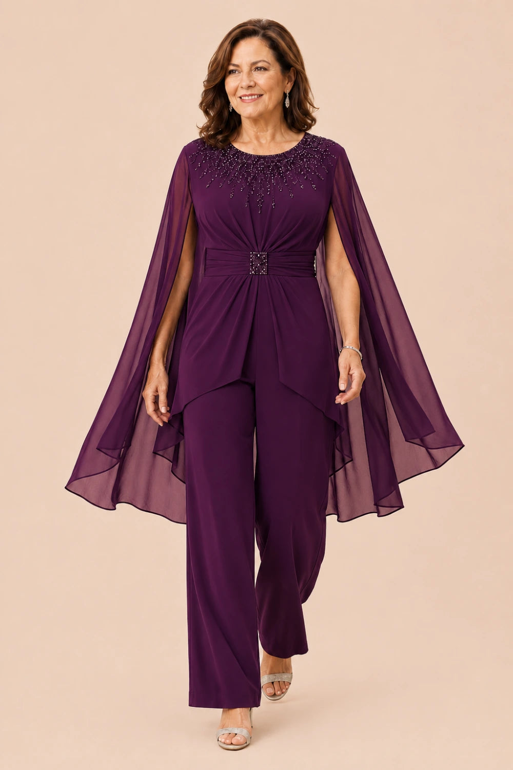 Embellished Cape-Sleeve Wide-Leg Pant Suit