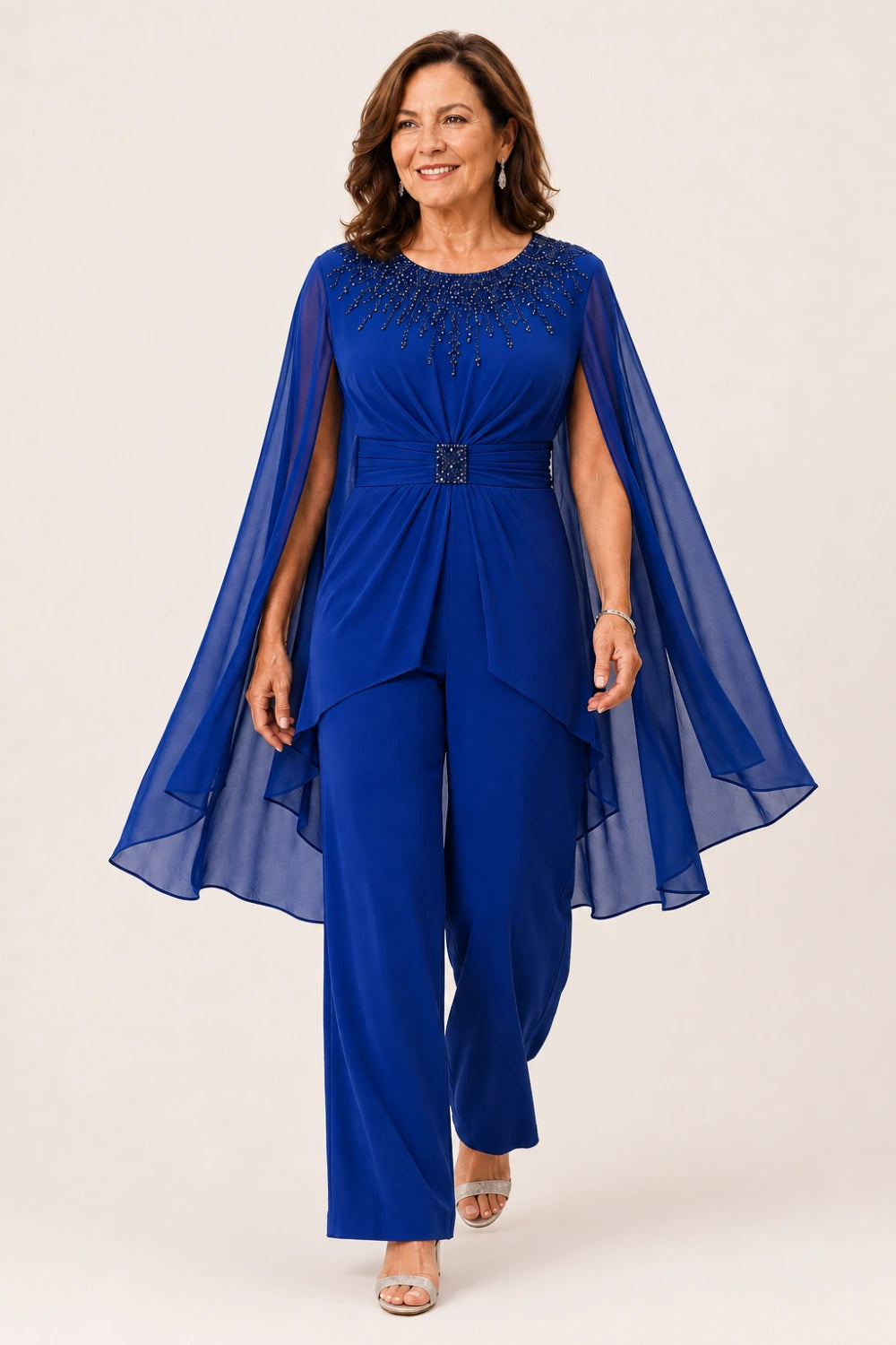Embellished Cape-Sleeve Wide-Leg Pant Suit
