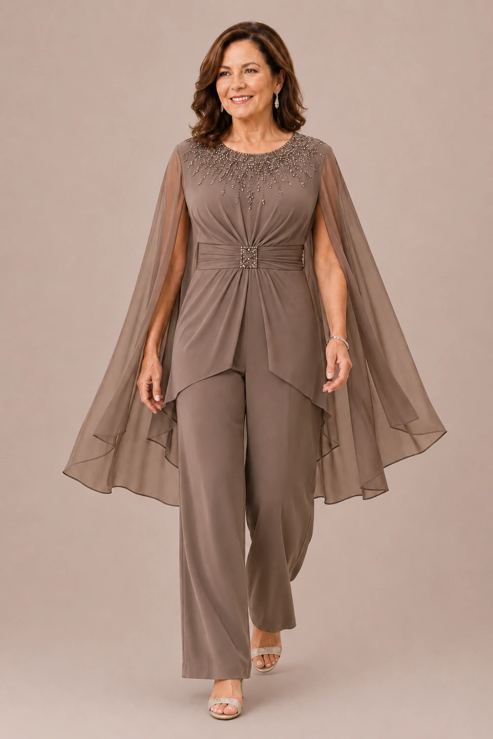 Embellished Cape-Sleeve Wide-Leg Pant Suit