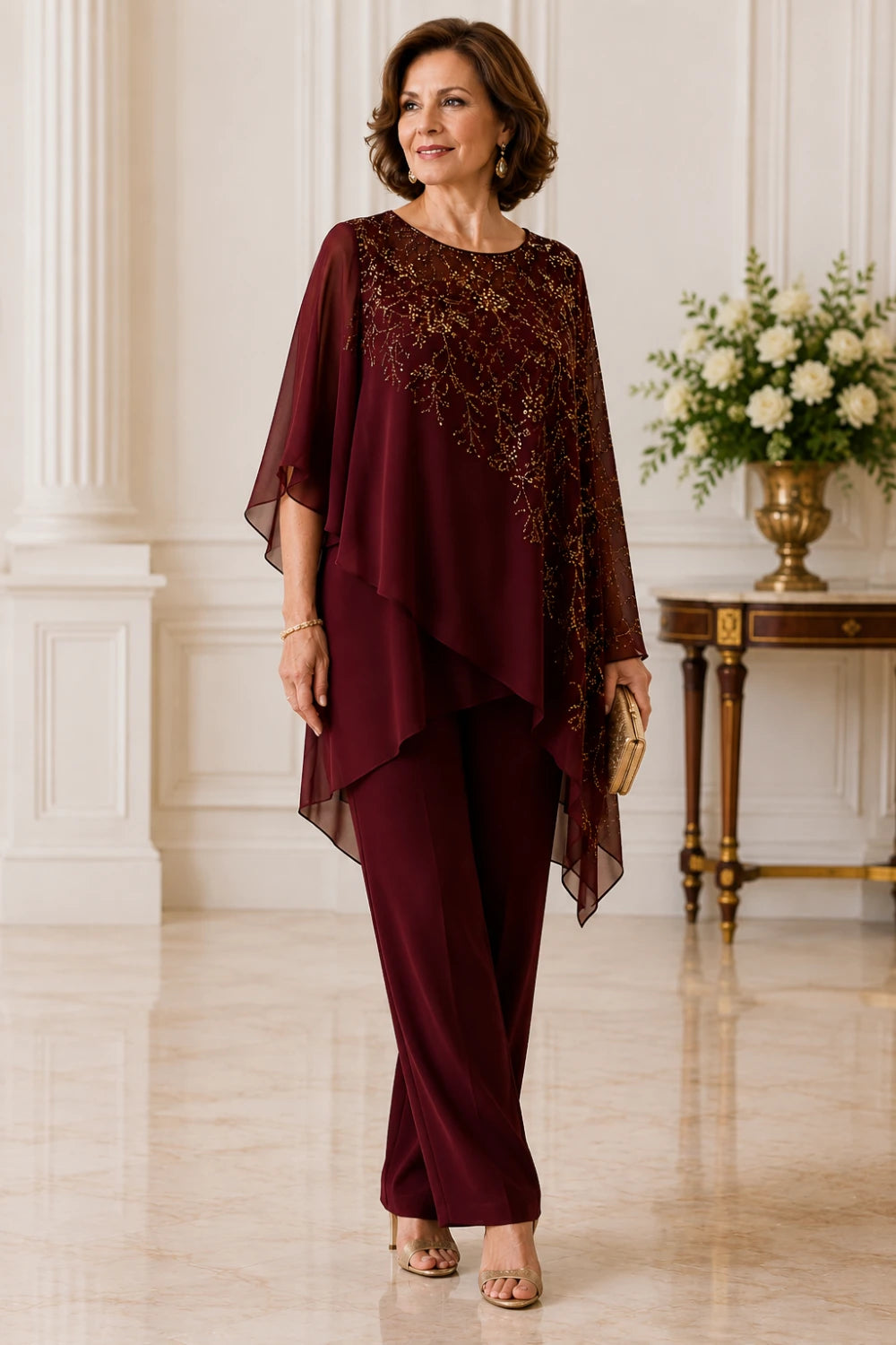 Embroidered Chiffon Overlay Mother of the Bride Pant Suit