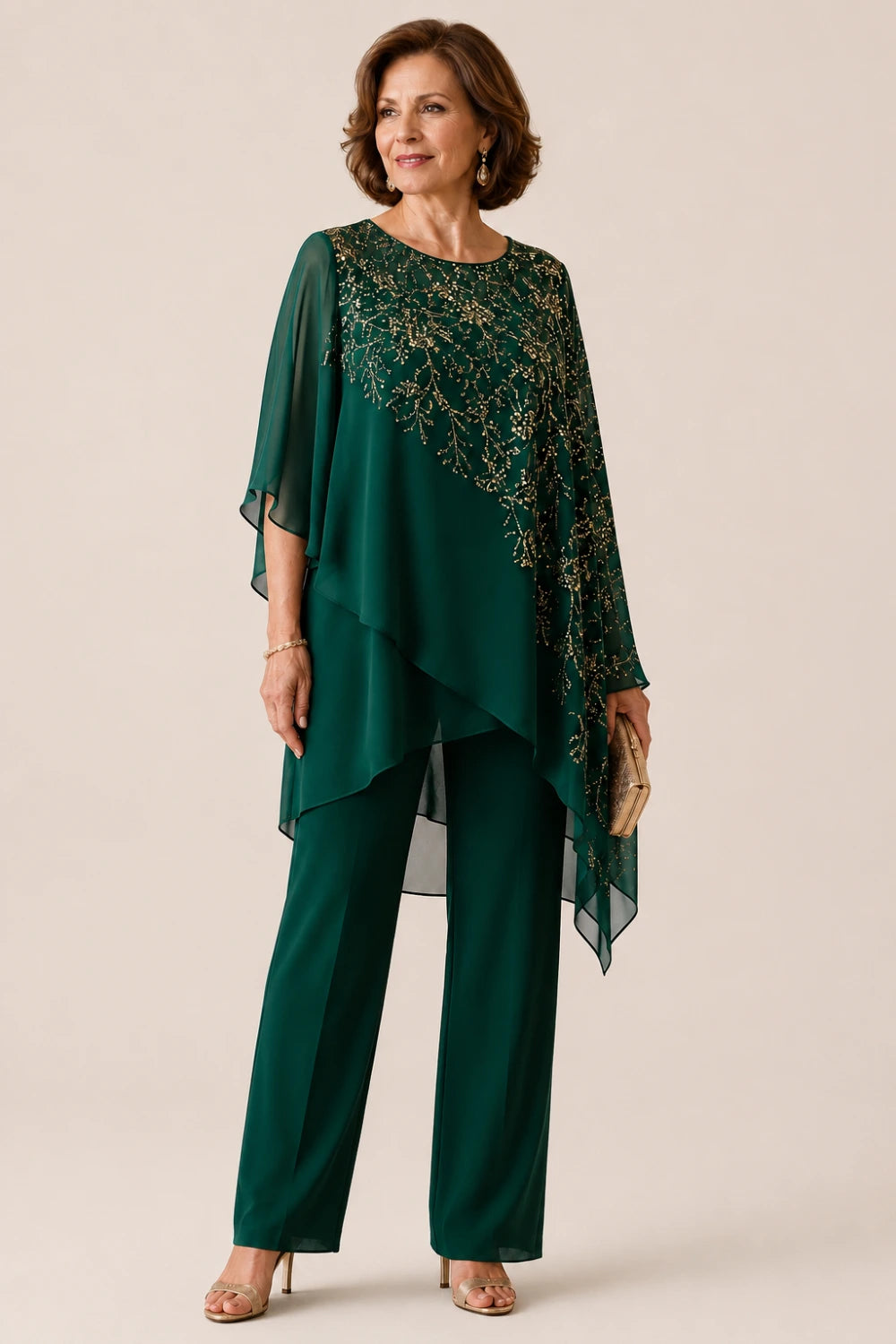 Embroidered Chiffon Overlay Mother of the Bride Pant Suit