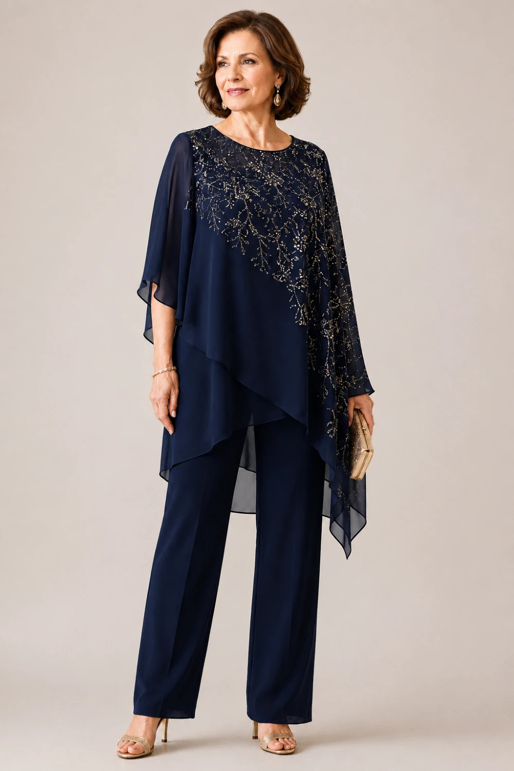 Embroidered Chiffon Overlay Mother of the Bride Pant Suit