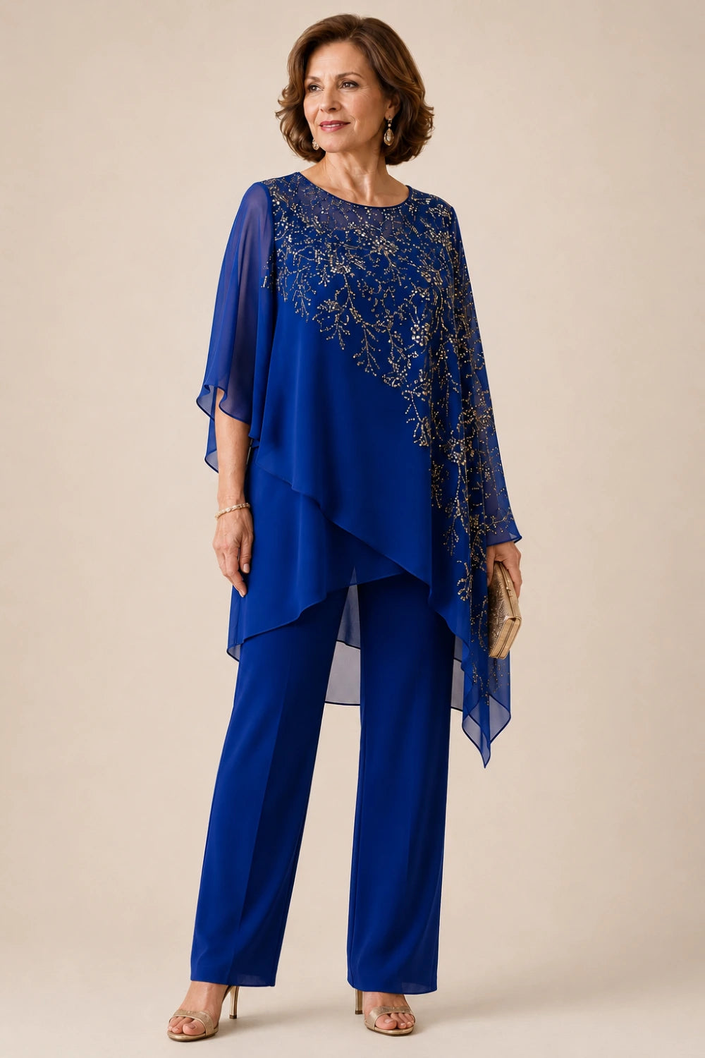 Embroidered Chiffon Overlay Mother of the Bride Pant Suit