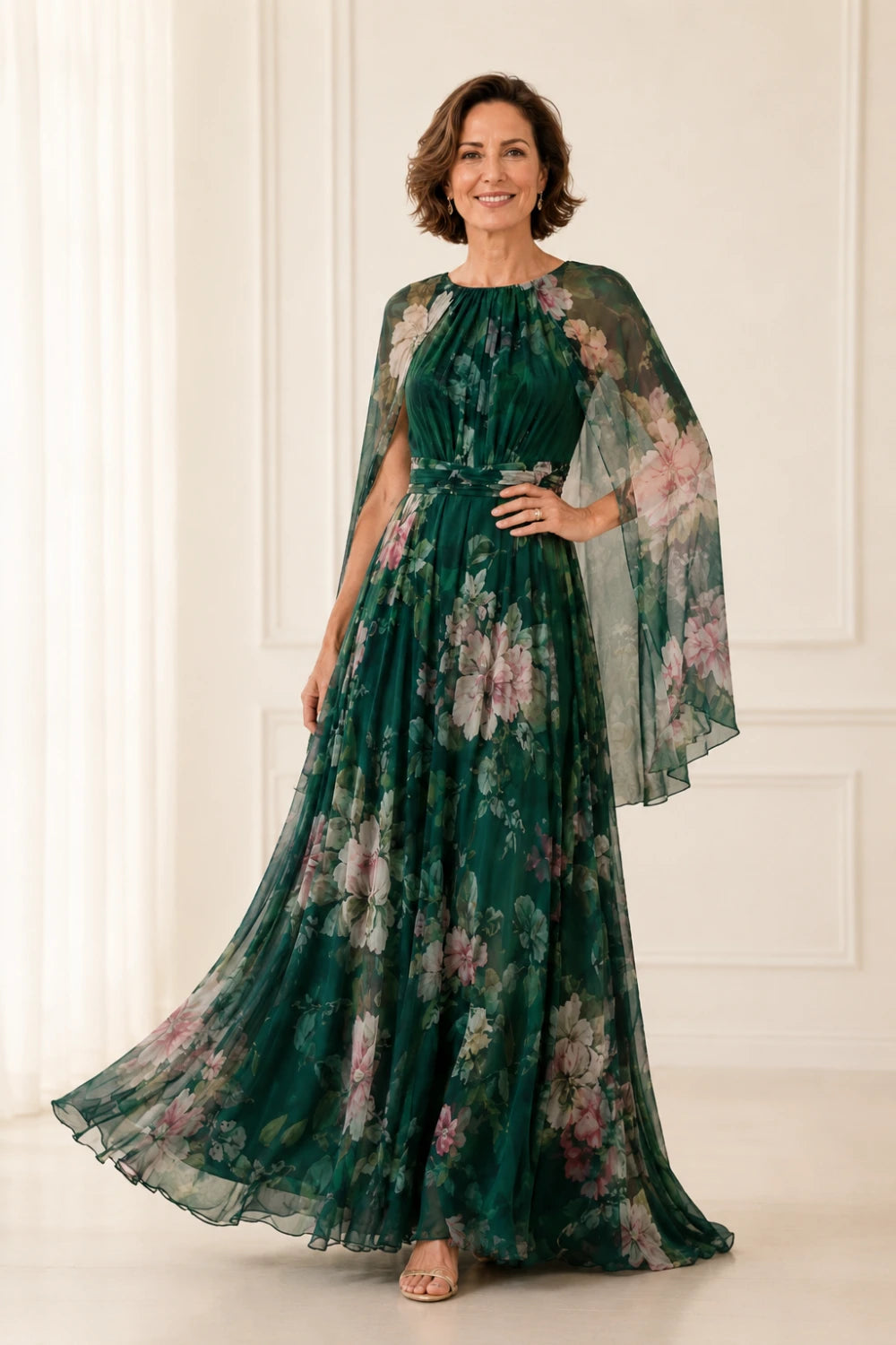 Emerald Floral Cape-Sleeve Chiffon Maxi Dress