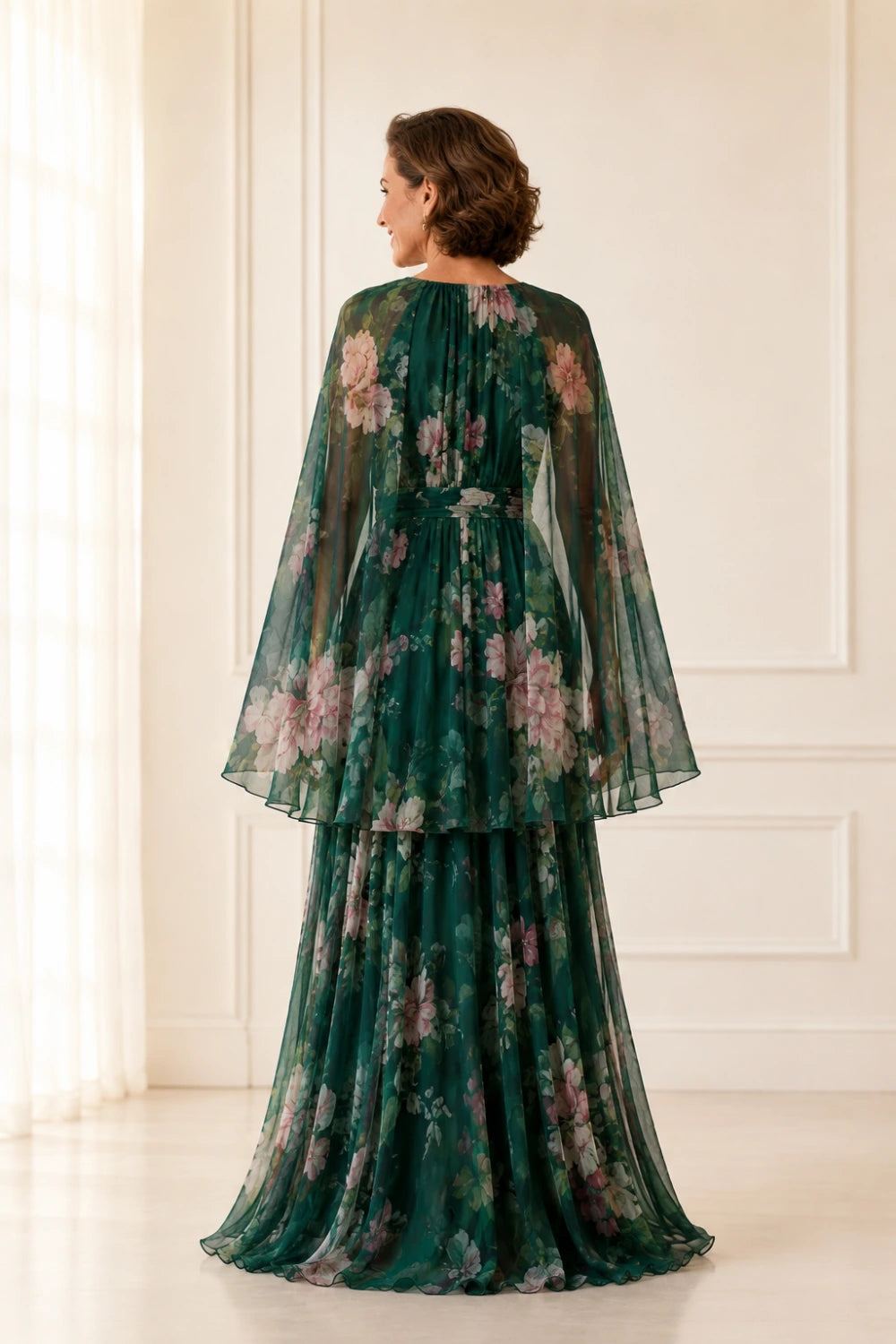 Emerald Floral Cape-Sleeve Chiffon Maxi Dress