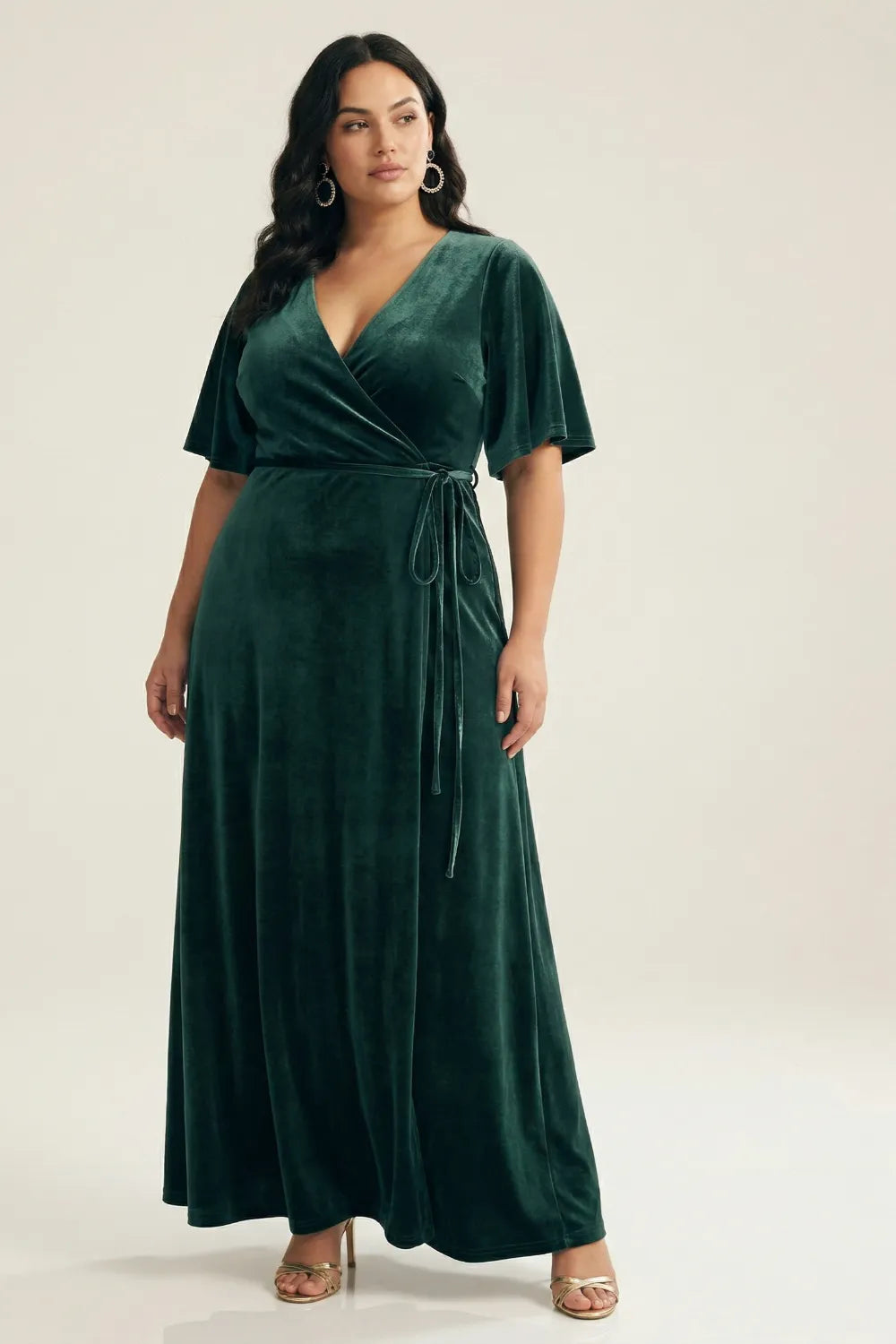 Elegant Emerald Green Velvet Wrap Maxi Dress