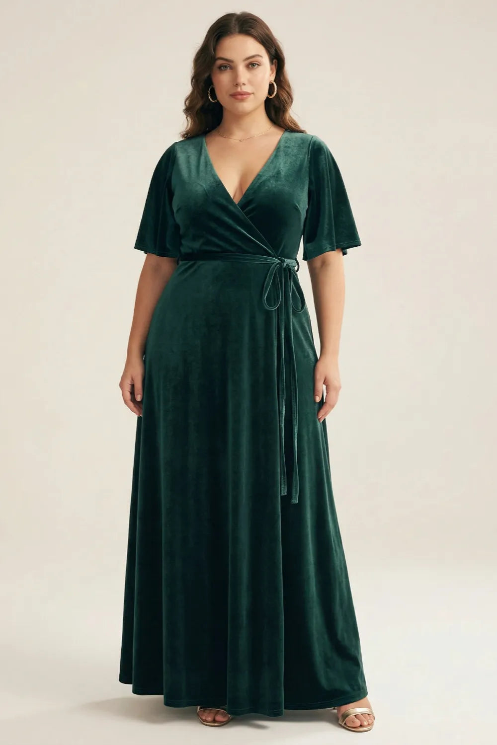 Elegant Emerald Green Velvet Wrap Maxi Dress
