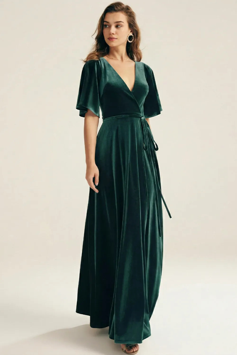 Elegant Emerald Green Velvet Wrap Maxi Dress