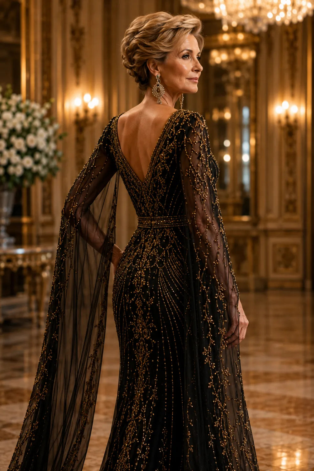 Luxury Black Evening Gown with Cape Hand Beaded Formal Dress