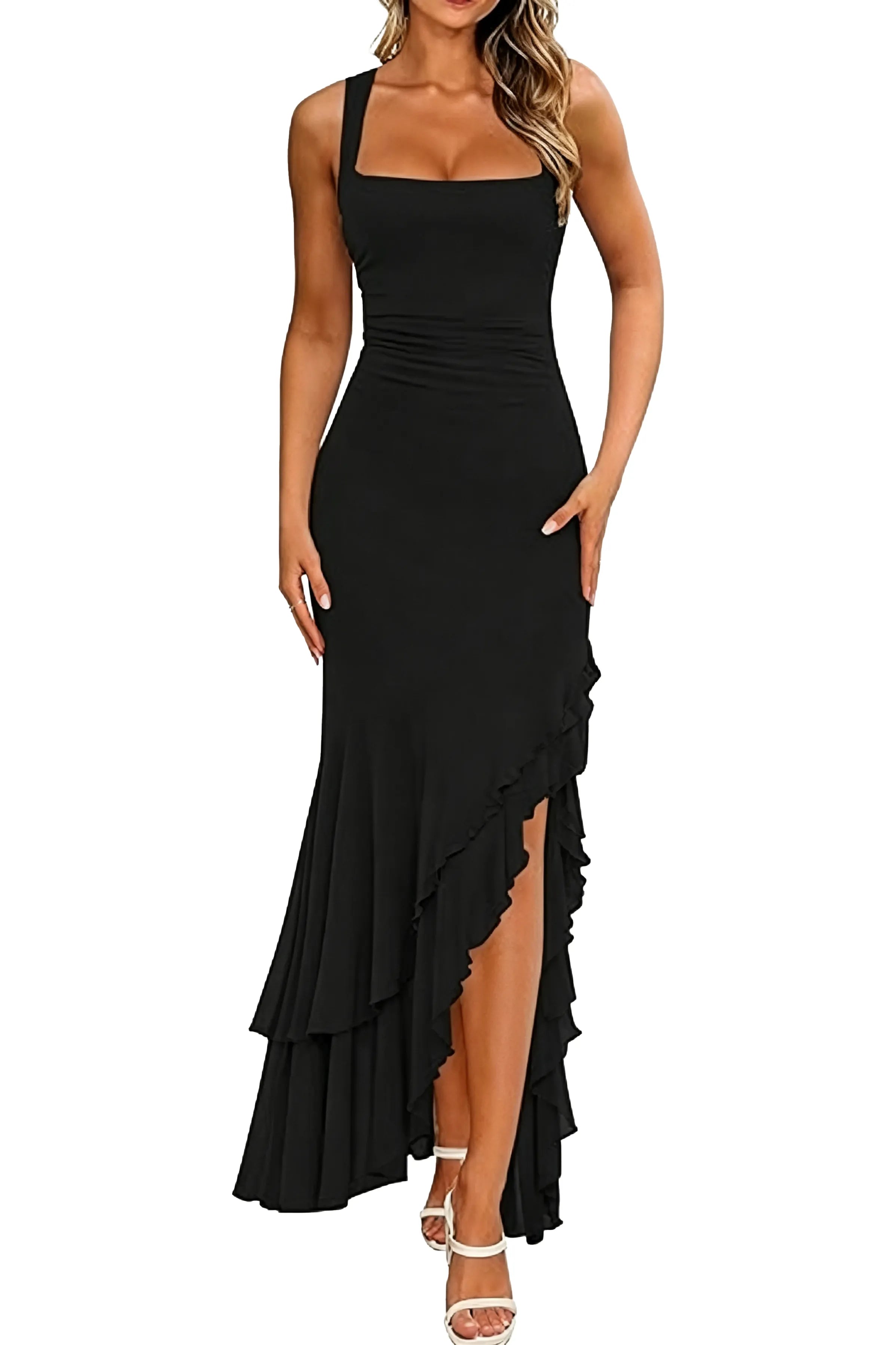 Elegant Ruffled High Slit Formal Maxi Dress