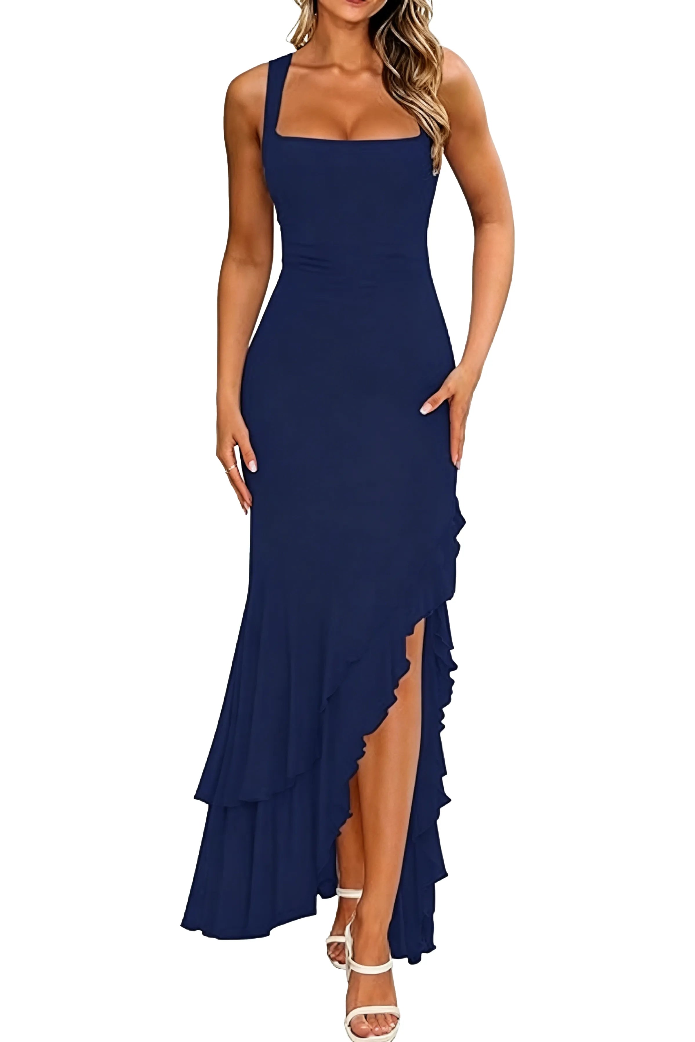 Elegant Ruffled High Slit Formal Maxi Dress