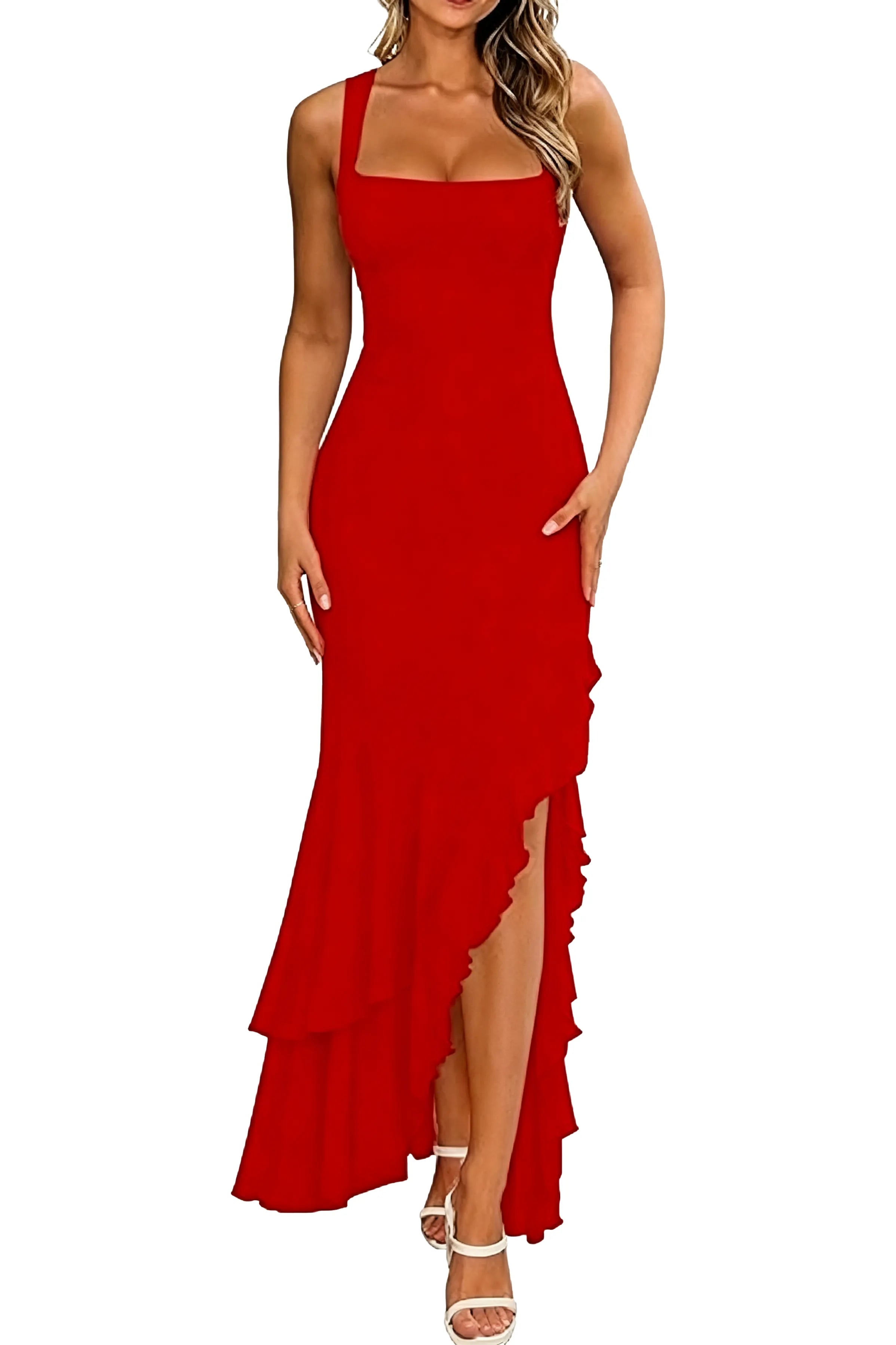 Elegant Ruffled High Slit Formal Maxi Dress