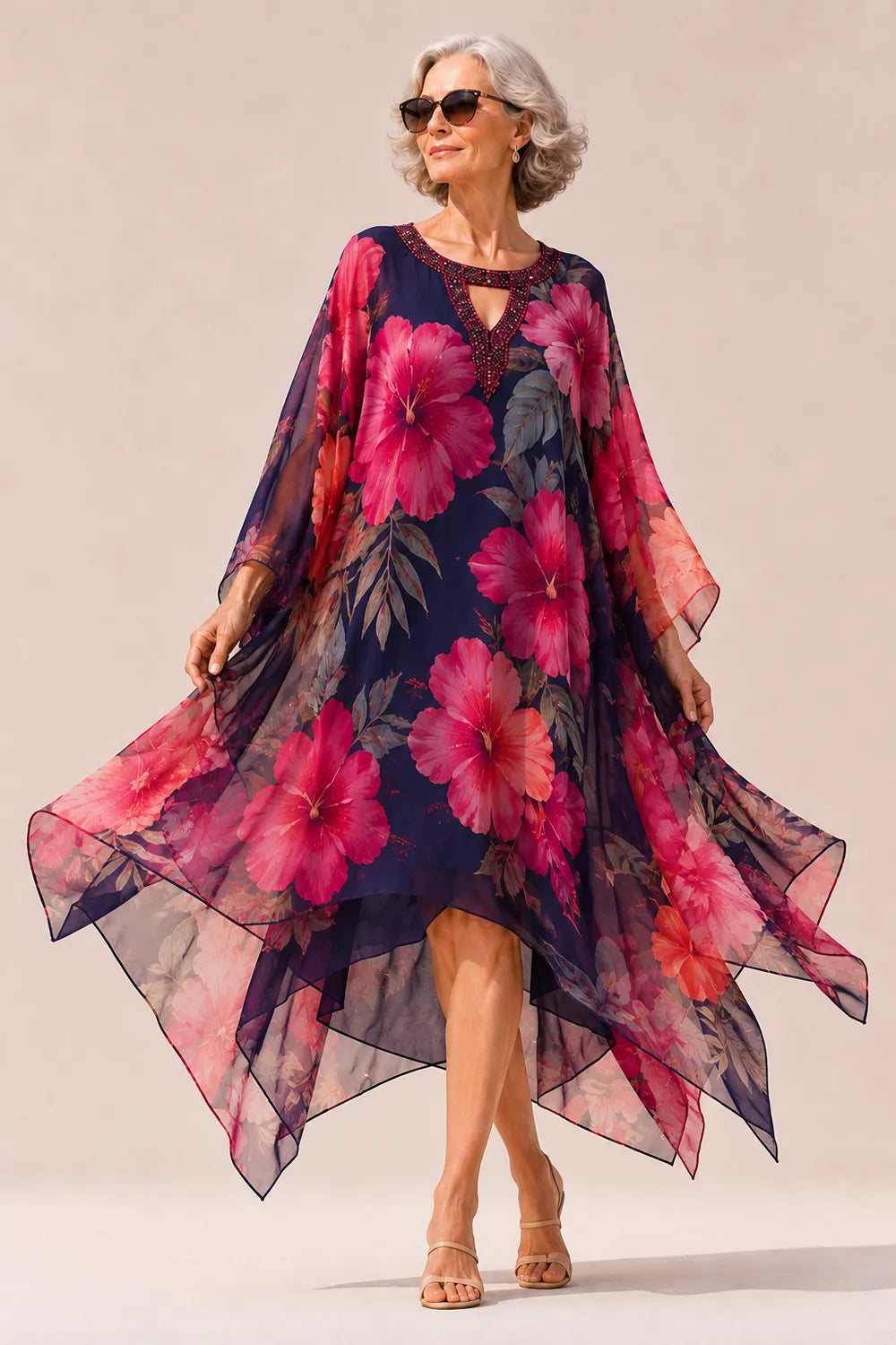 Embellished Keyhole Floral Handkerchief Dress