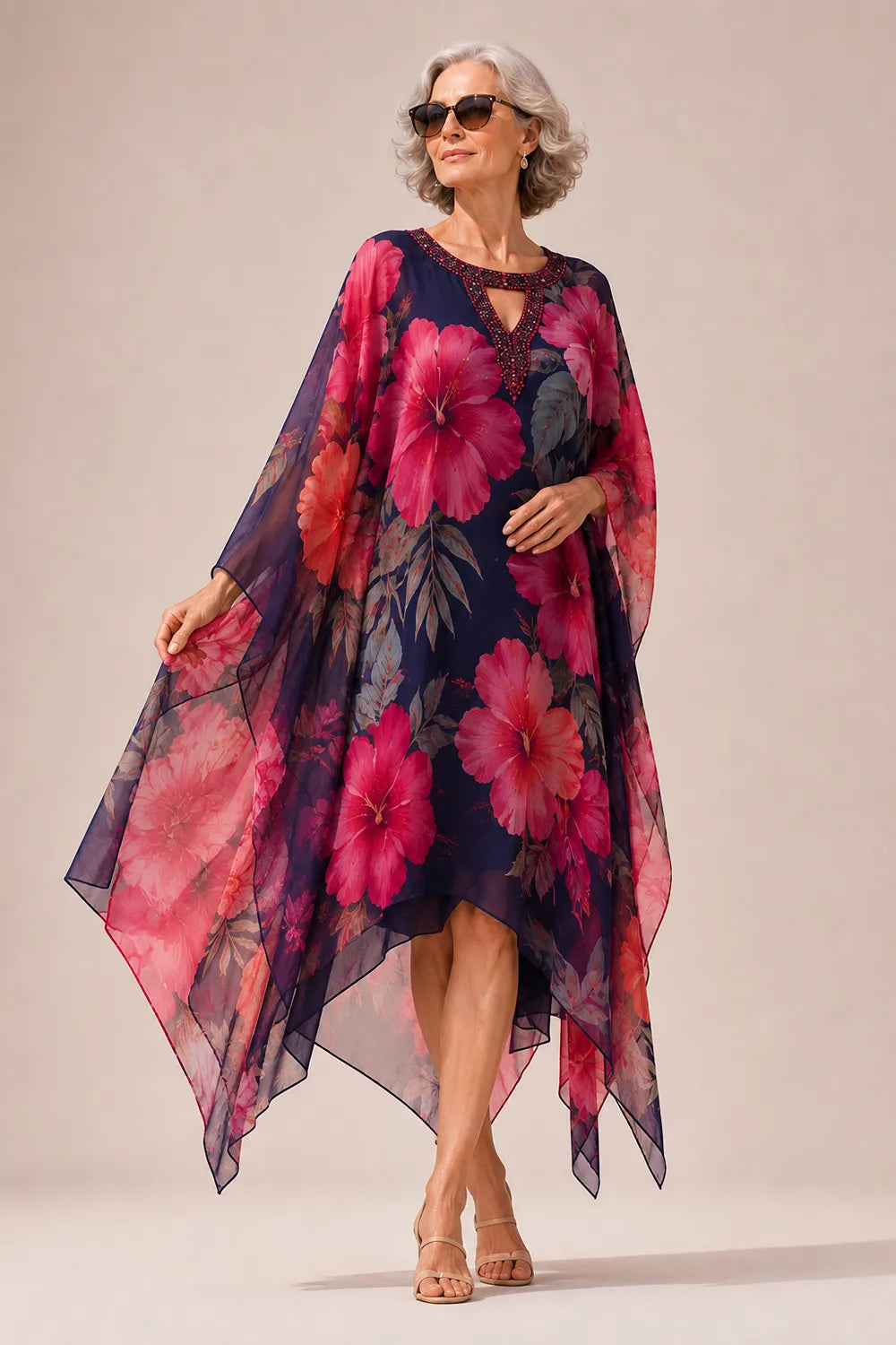 Embellished Keyhole Floral Handkerchief Dress
