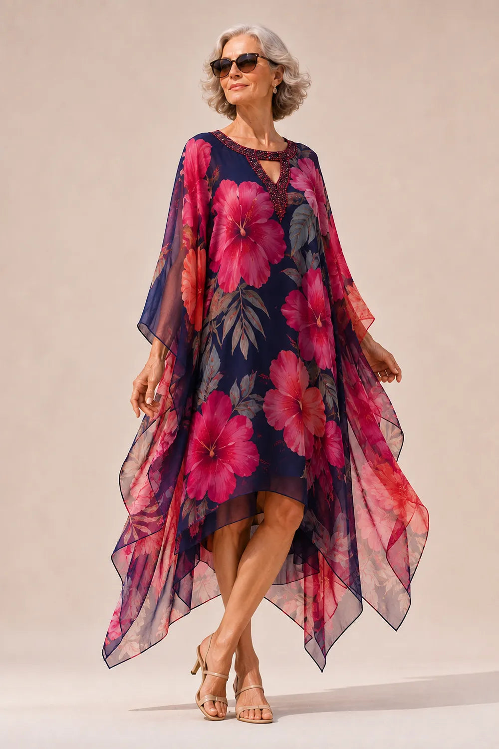 Embellished Keyhole Floral Handkerchief Dress
