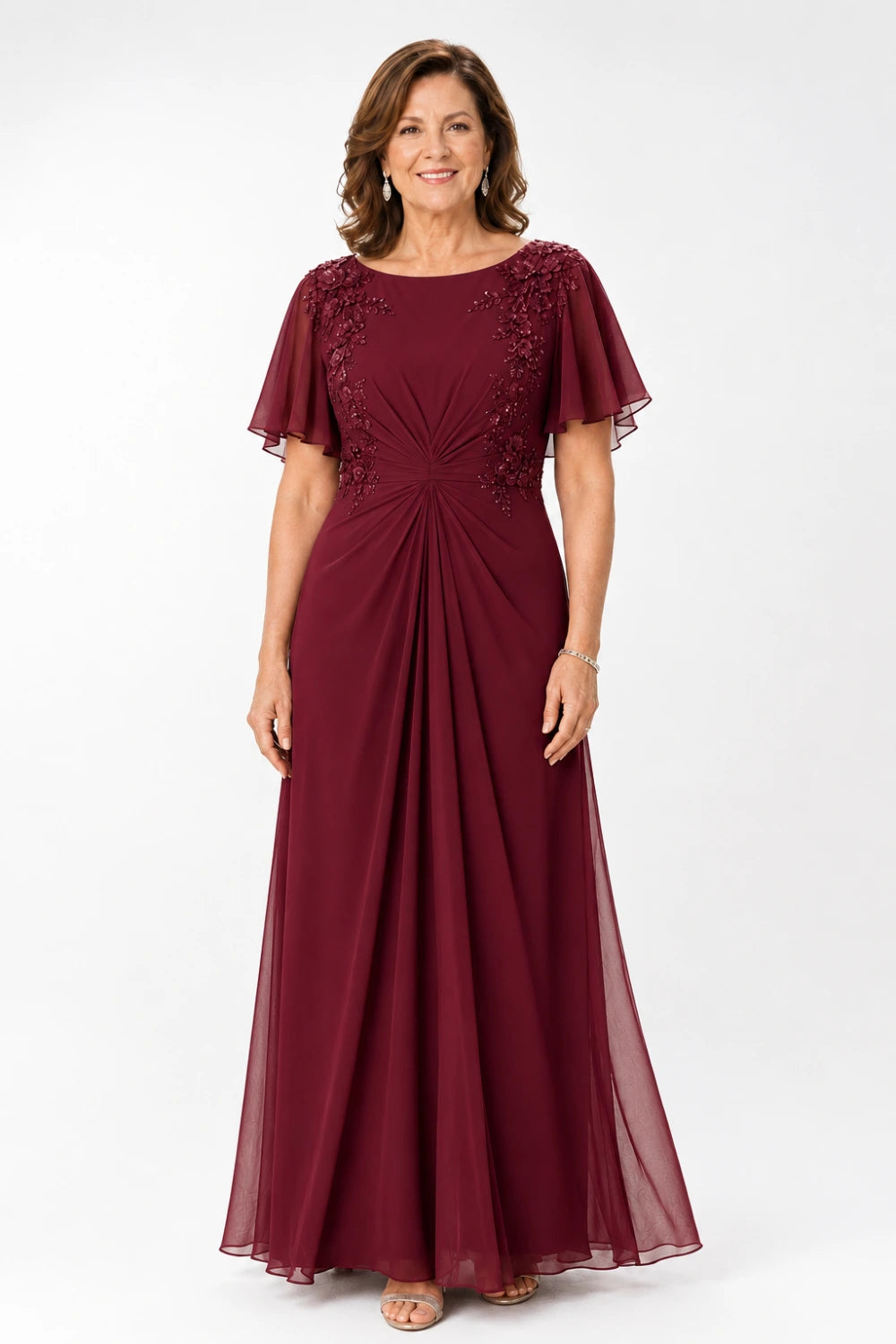 Floral-Appliqué Flutter-Sleeve Ruched Maxi Dress
